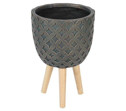 LuxenHome Butterfly 14.7" Round Planter with Wood Legs