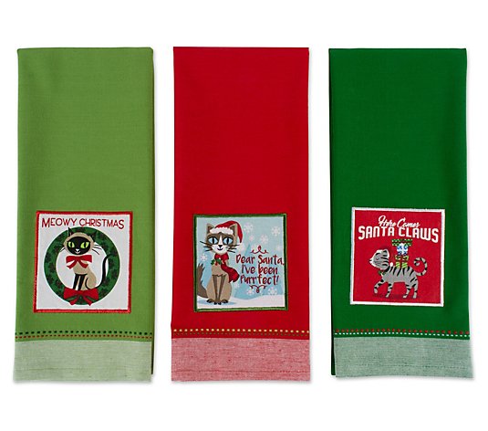 Design Imports Assorted Xmas Kitty Kitchen Towel Set of 3