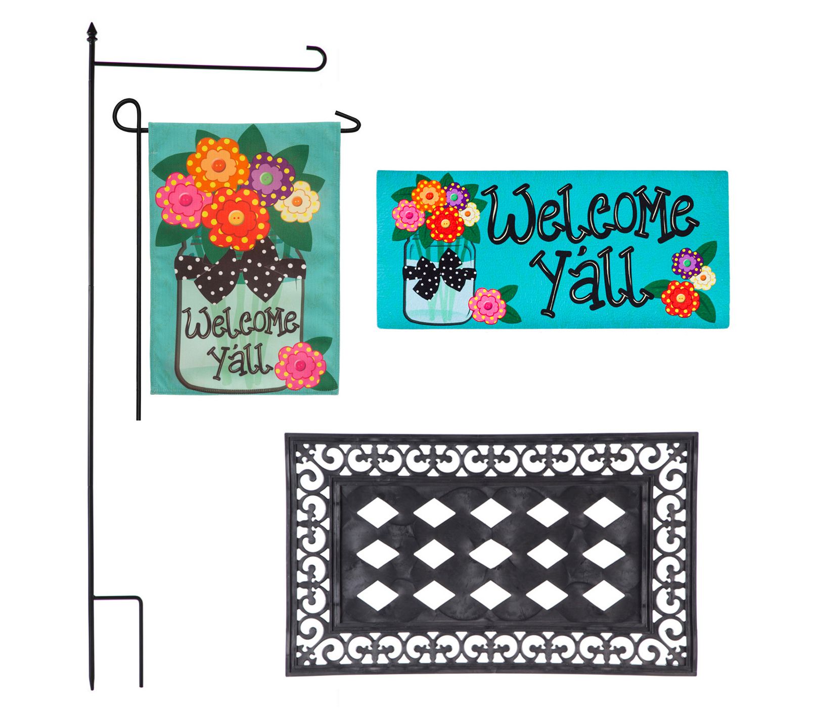 Evergreen Welcome Y'all Burlap Garden Flag & Sasafras Mat Set