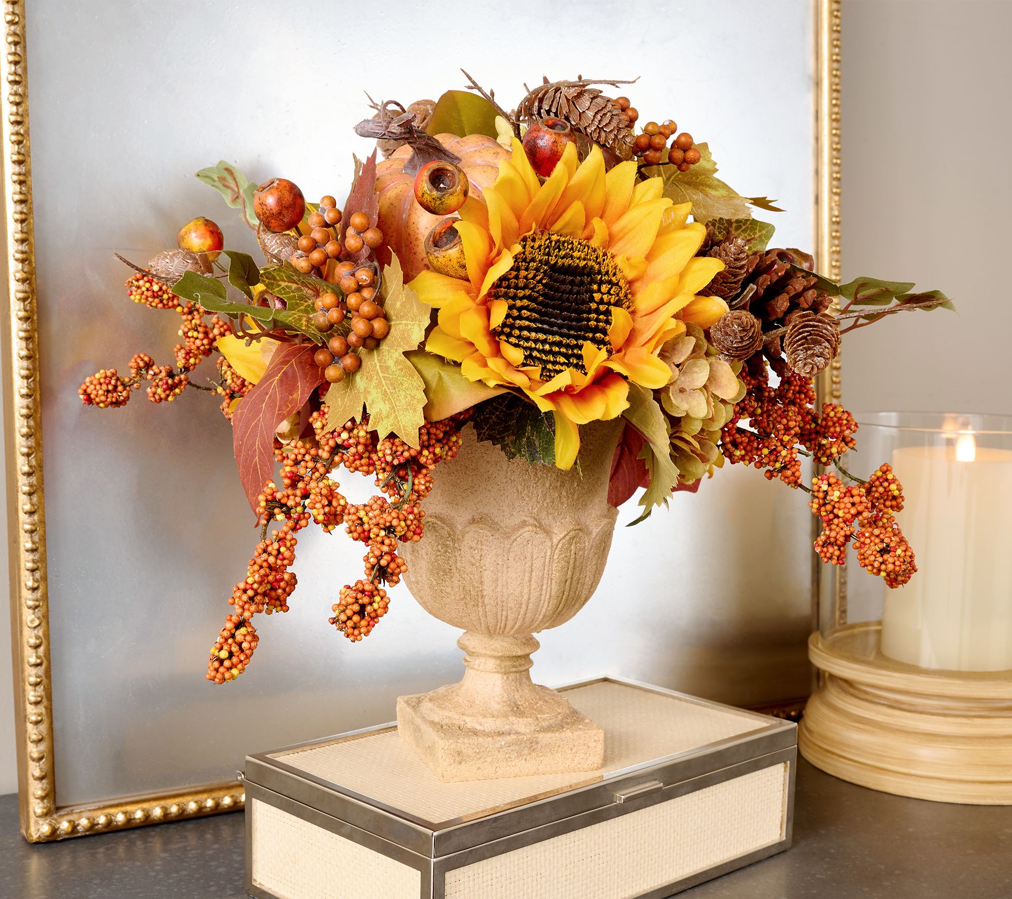 Sunflower, Berry and Pinecone Centerpiece in Urn by Valerie