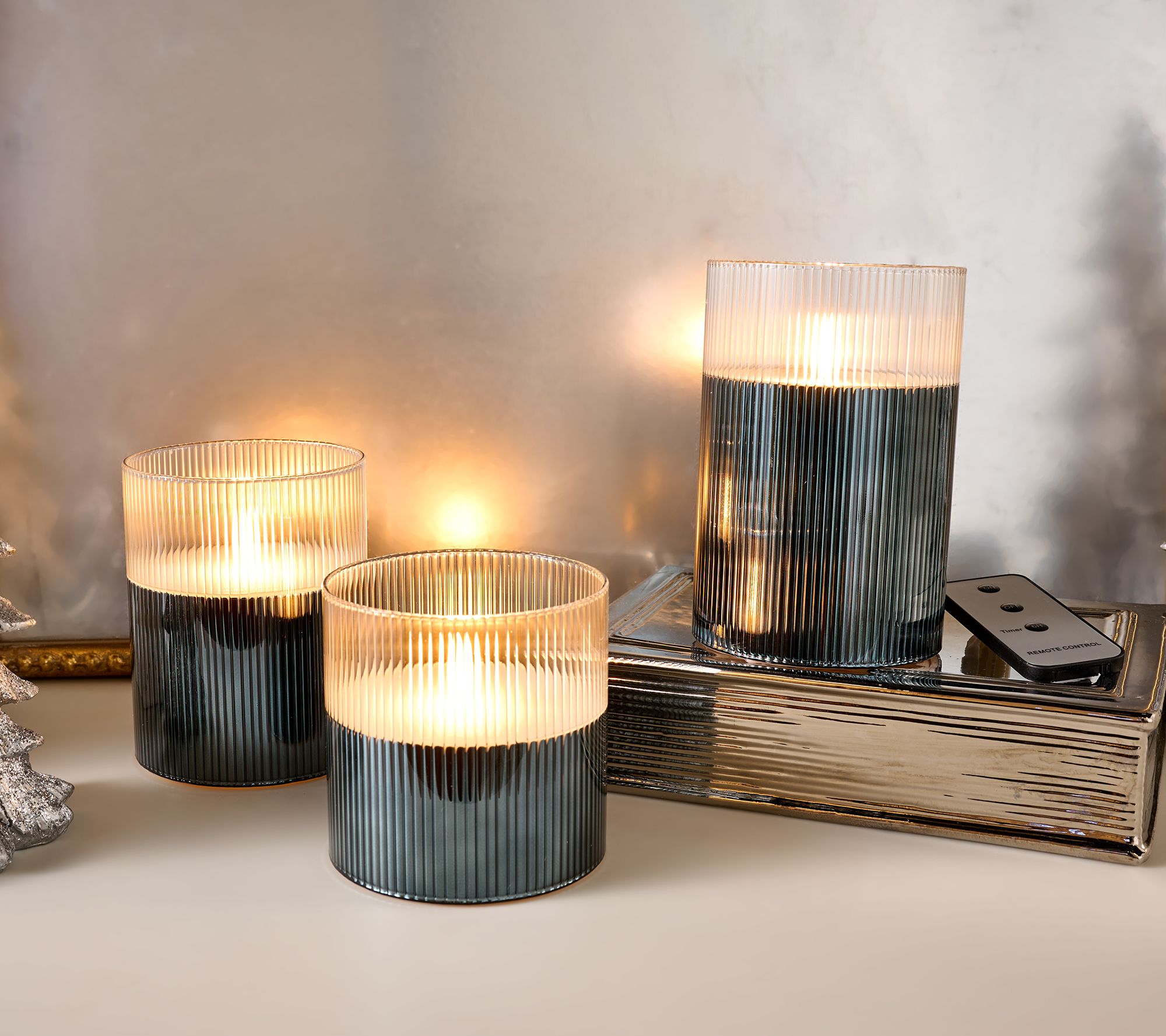 "As Is" Fierce Home Set of 3 Ribbed Glass Flameless Candles