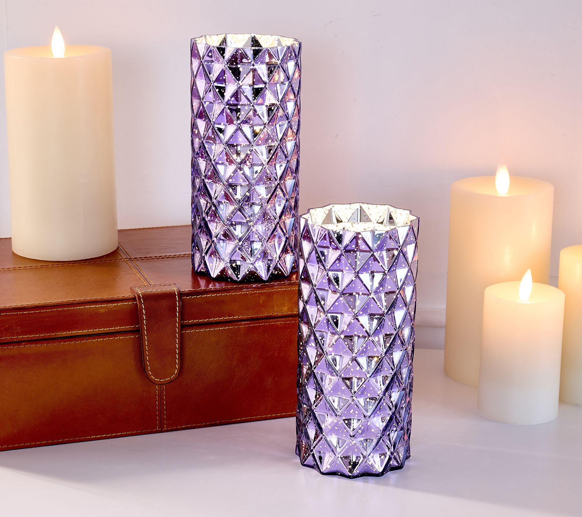 Set of 2 Diamond Glass Illuminated Hurricanes by Valerie