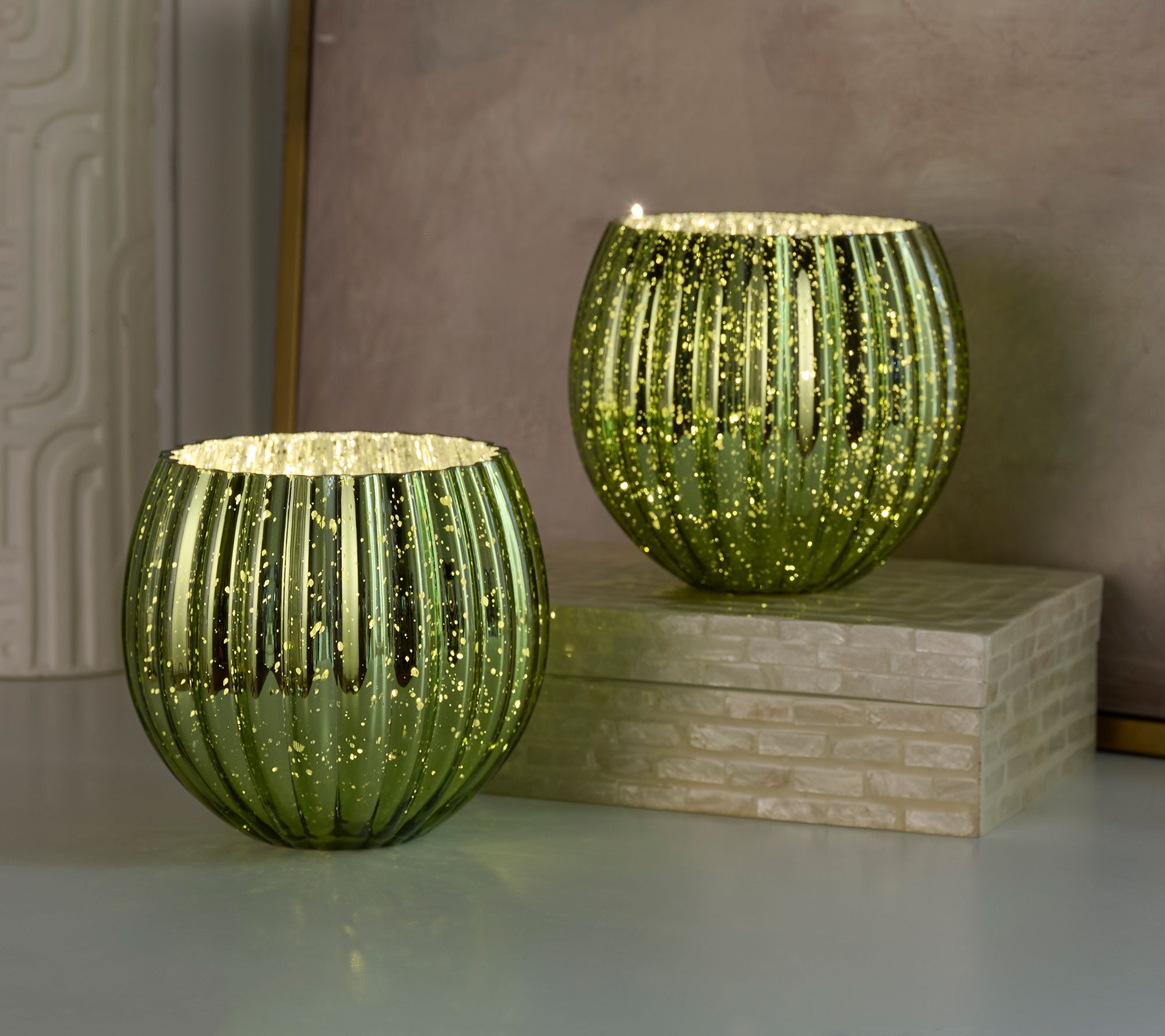 Set of 2 6" Illuminated Ribbed Mercury Rose Bowls by Valerie