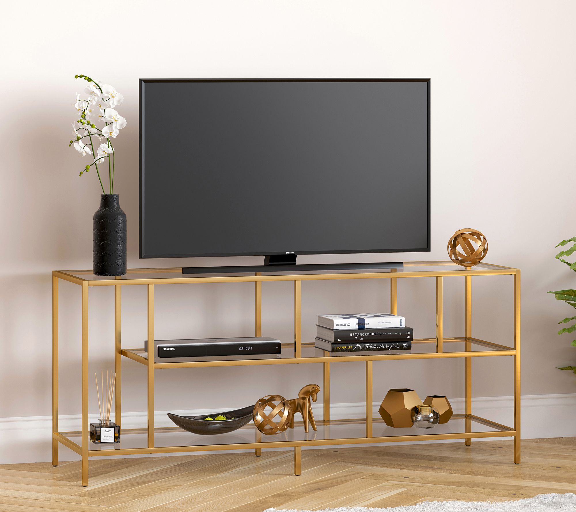 Hudson&Canal Winthrop Rectangular TV Stand withGlass Shelves