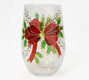 11" Illuminated Crackle Glass Hurricane with Holiday Motif by - H219592