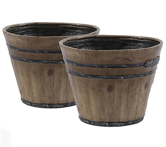 Luxen Home Set of 2 Rustic Barrel Planters