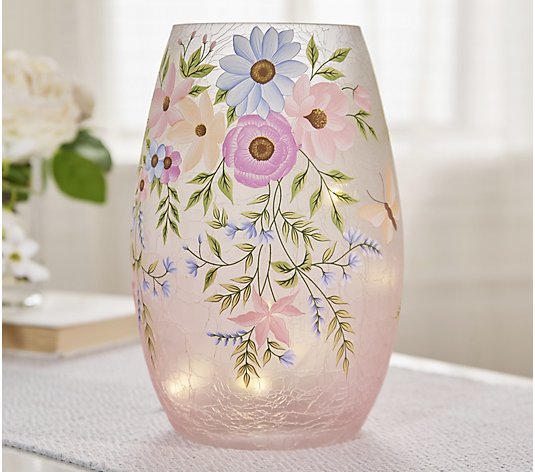 Illuminated Floral 10" Crackle Glass Hurricane by Valerie