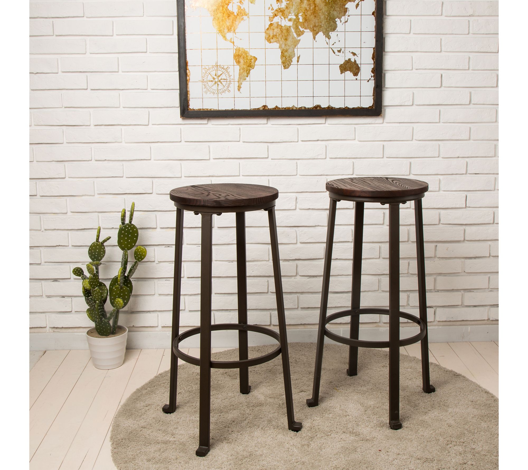 Glitzhome Rustic Set of 2 Steel Bar Stools w/ Wood Round Top