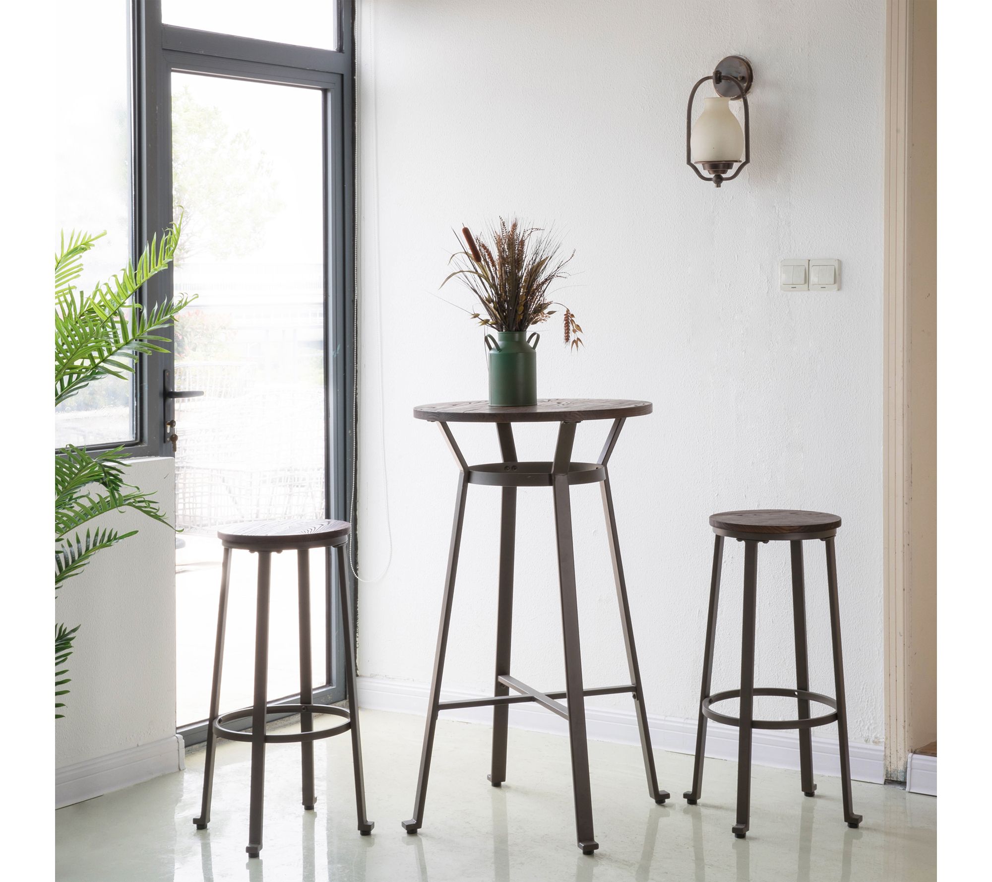 Glitzhome Rustic Set of 2 Steel Bar Stools w/ Wood Round Top