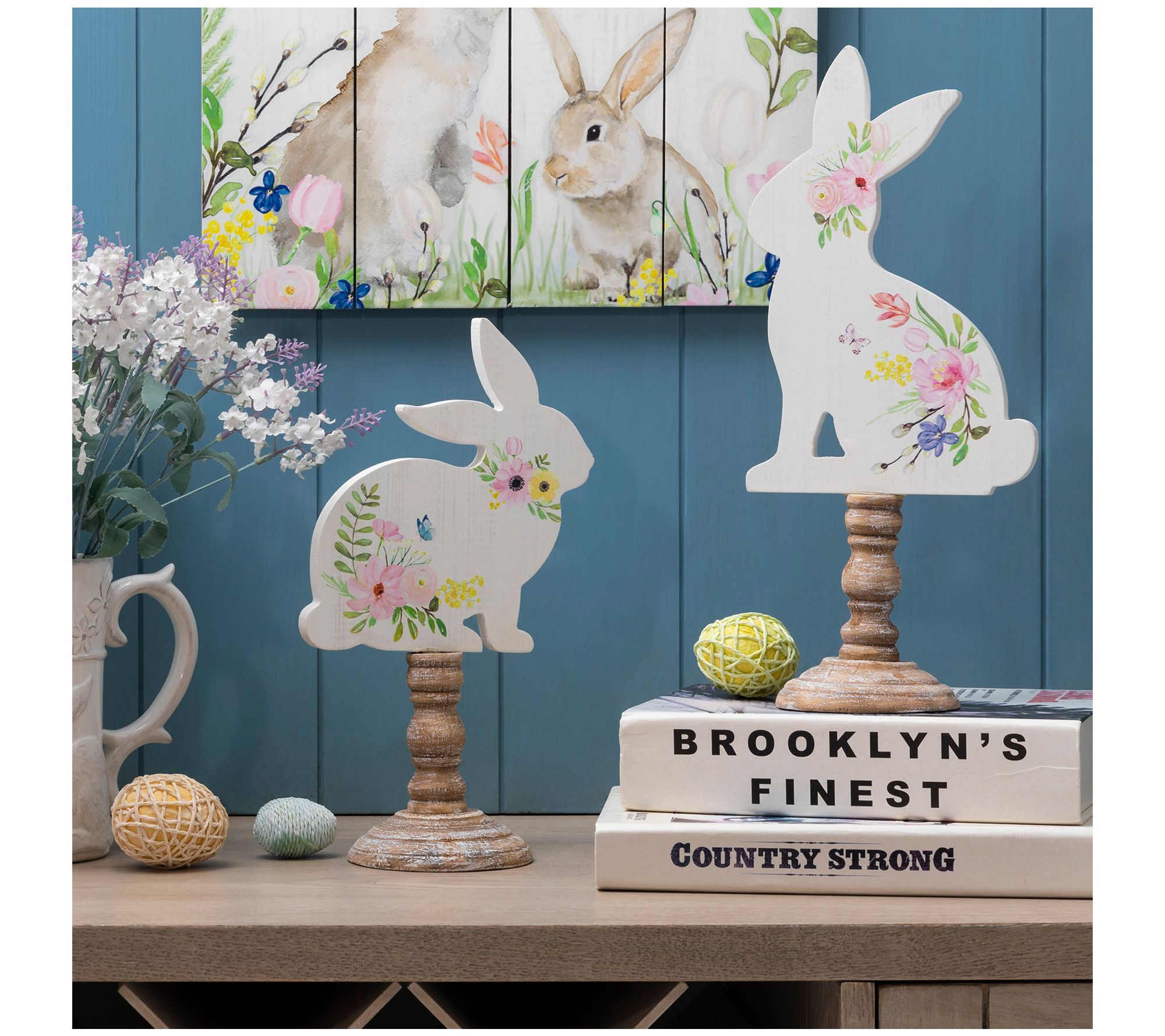 Glitzhome Easter Bunnies Sitting on Faux CandleSticks S/2