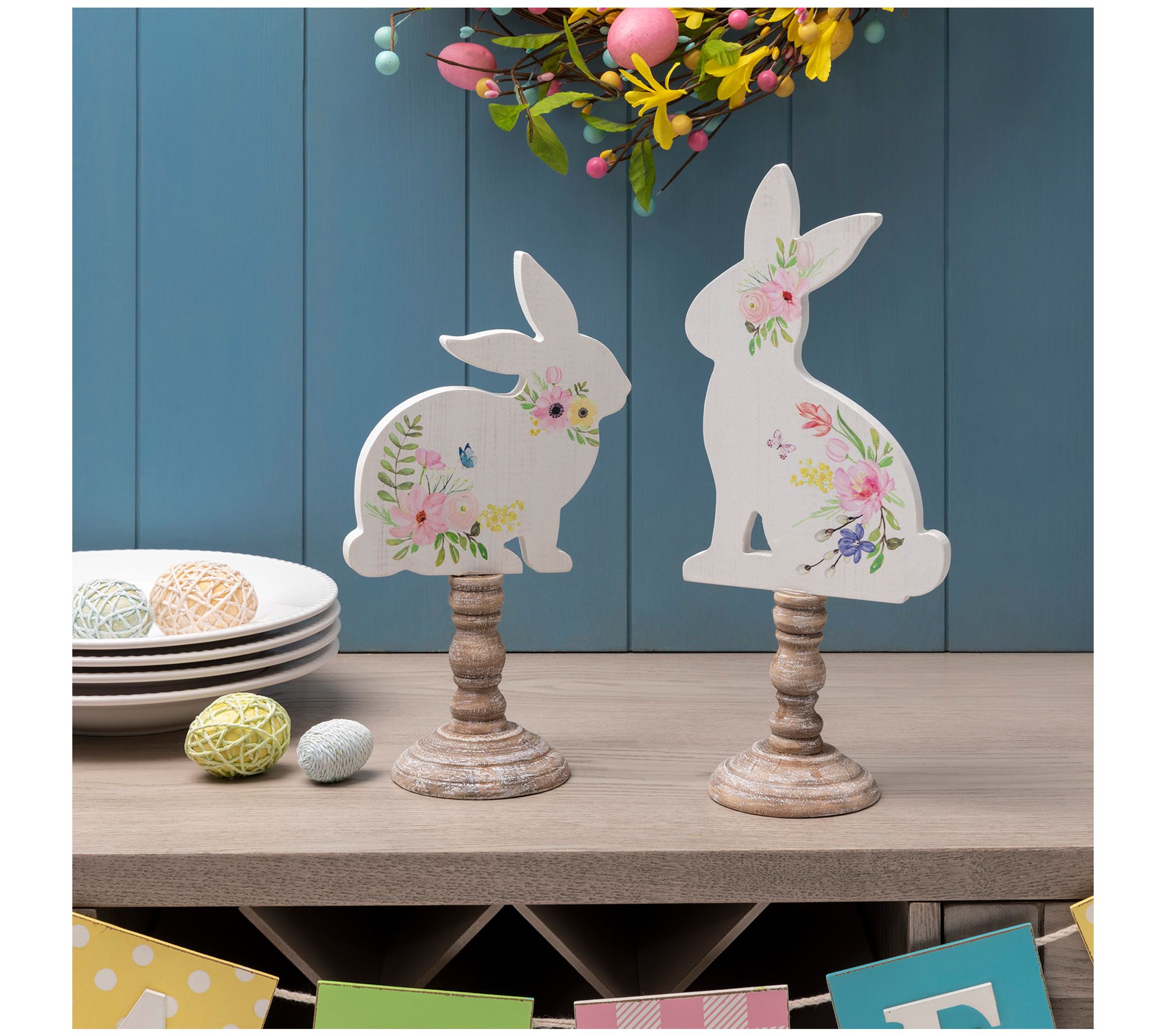 Glitzhome Easter Bunnies Sitting on Faux CandleSticks S/2