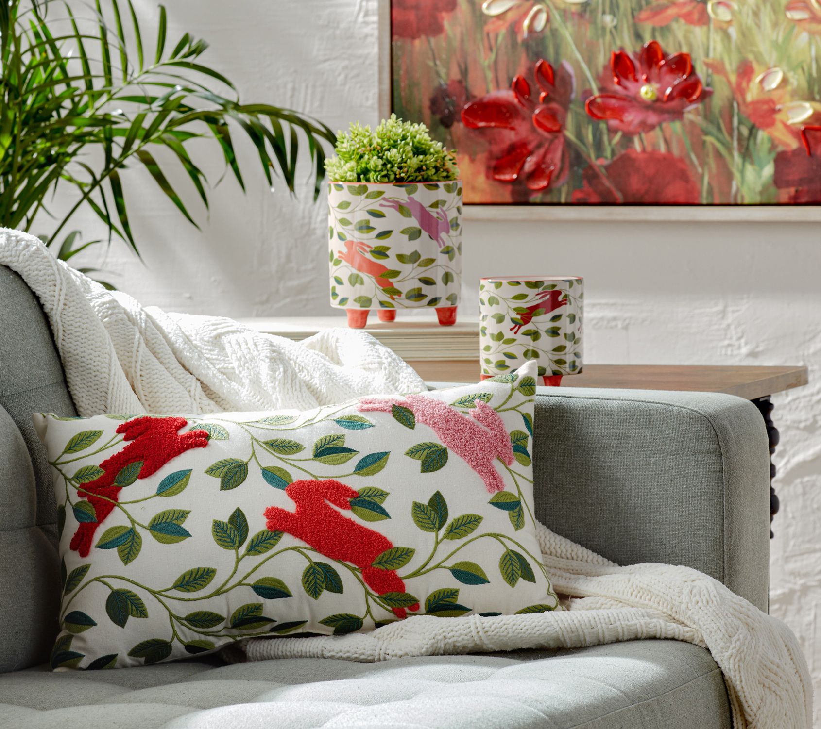 Melrose Embroidered Rabbits Throw Pillow 12"L