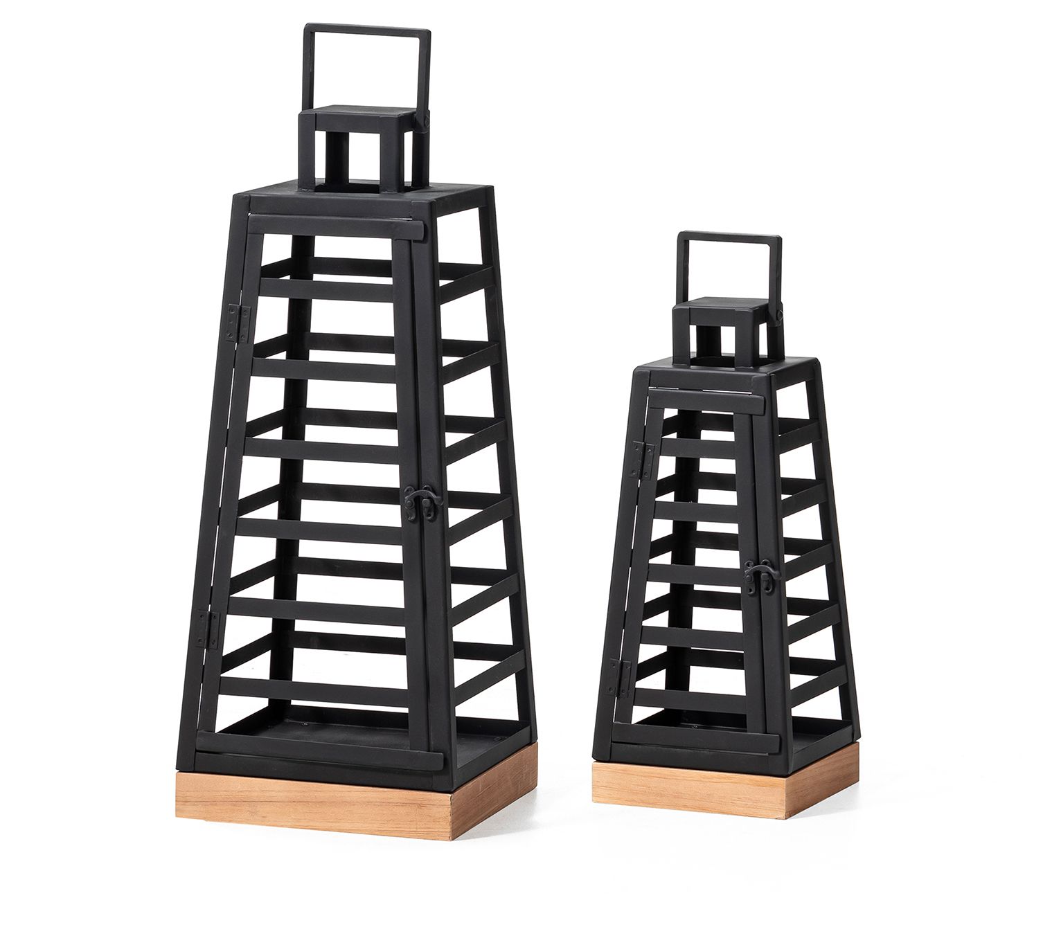 Glitzhome Set of 2 Modern Trapezoid Metal & Wood Lanterns