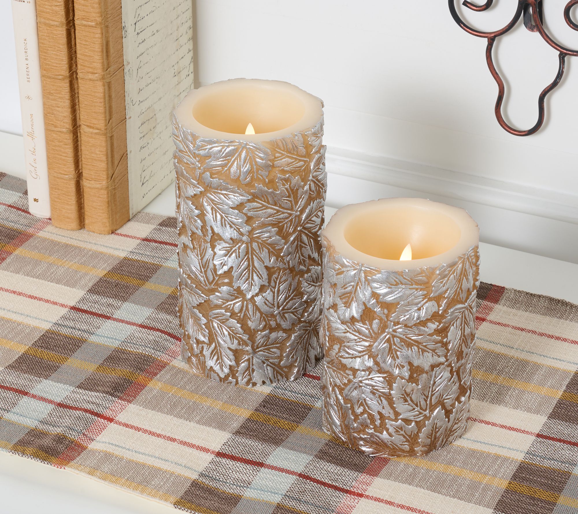 Home Reflections S/2 Flameless Metallic Leaf Pillar Candles