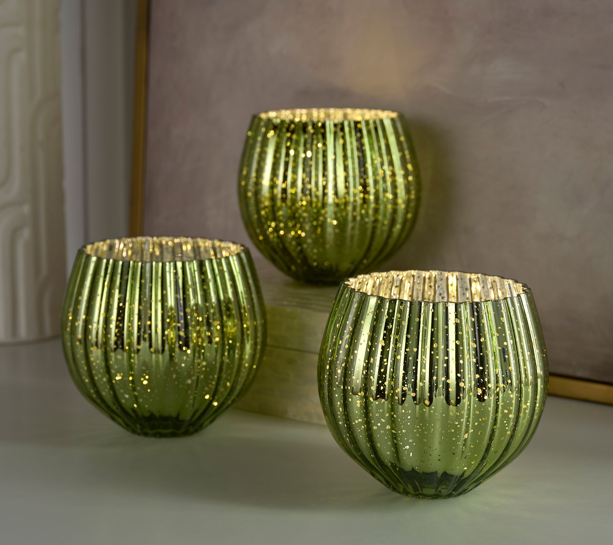 Set of 3 Illuminated Mercury Glass Rose Bowls by Valerie