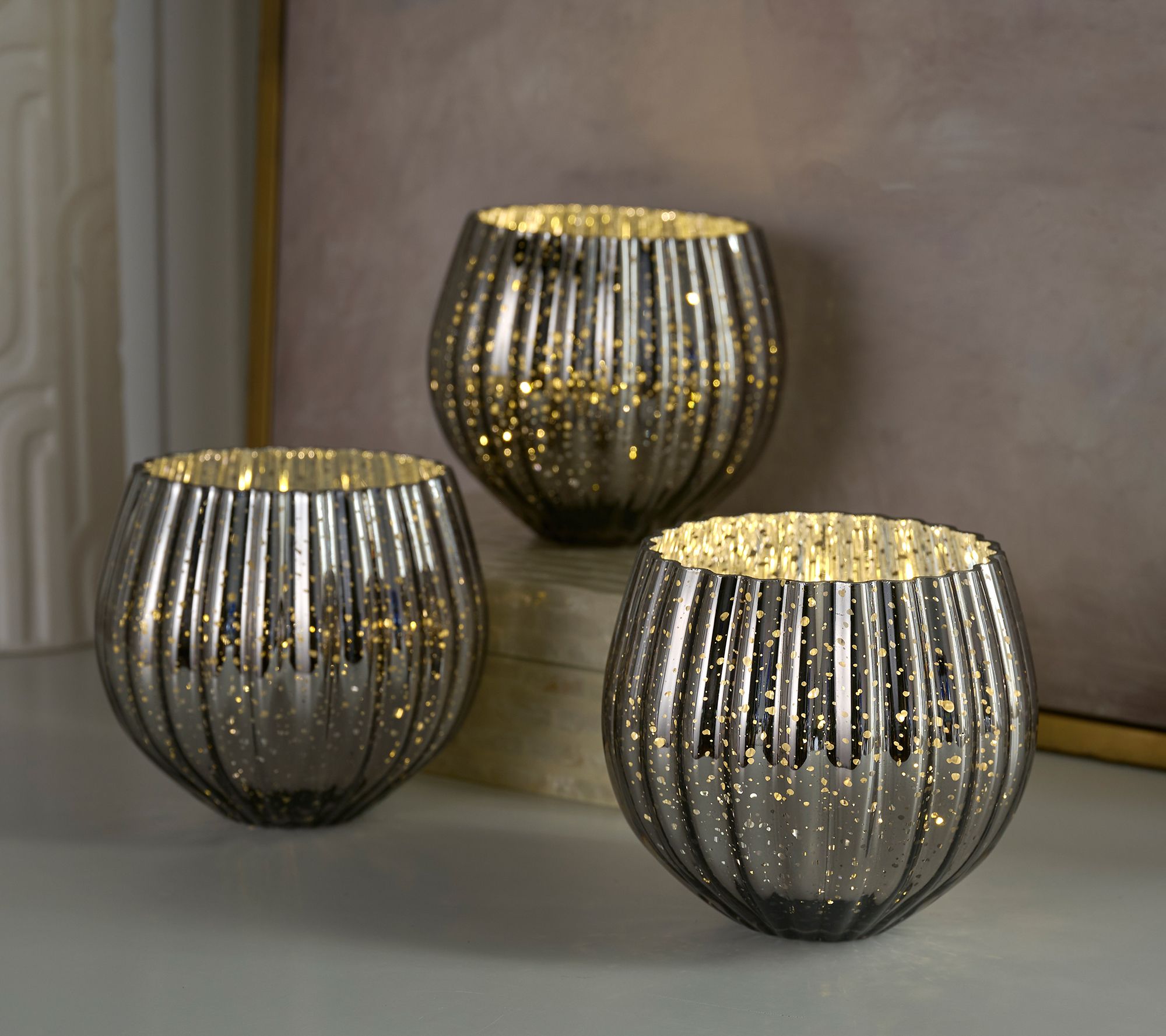 Set of 3 Illuminated Mercury Glass Rose Bowls by Valerie