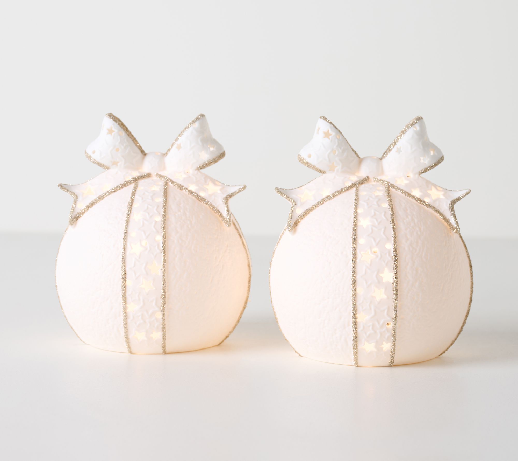 Set of 2 6" Porcelain Illuminated Bow Spheres by Kim Gravel