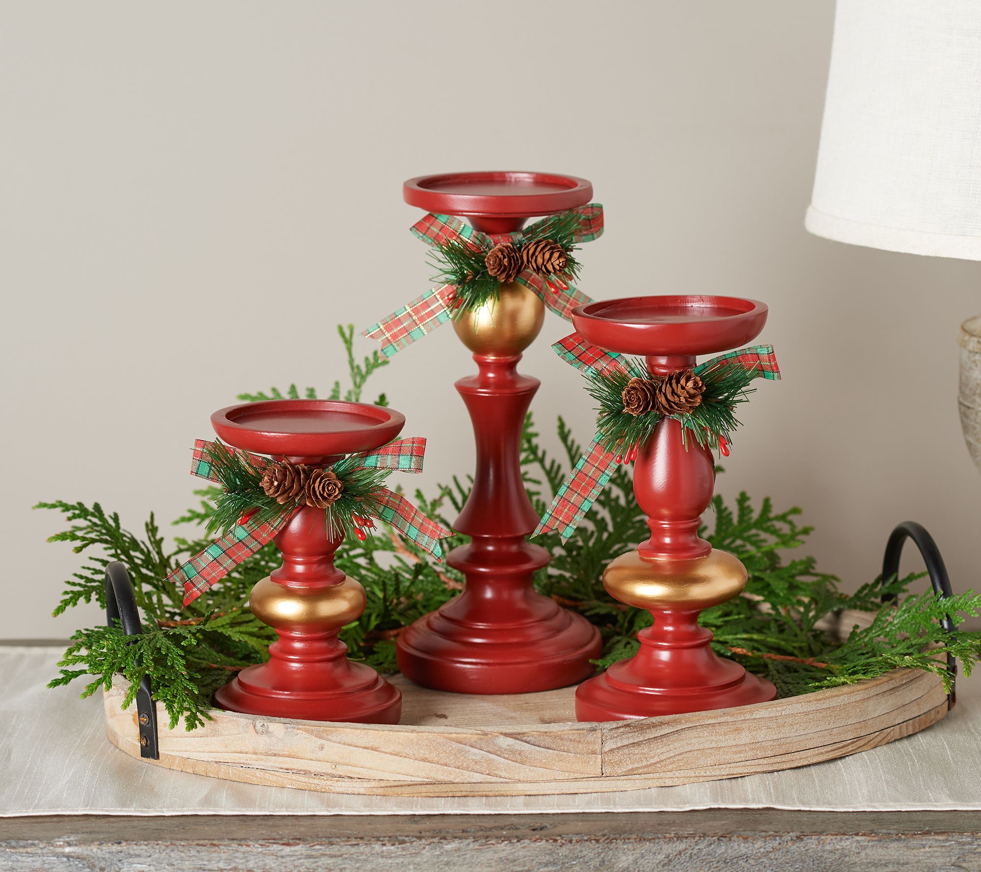 Set of 3 Candle Holders with Pine and Ribbon Accent by Valerie