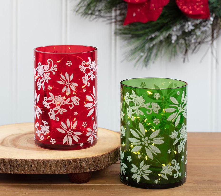 Temptations Set of 2 Etched Glass Hurricanes w ith Lights