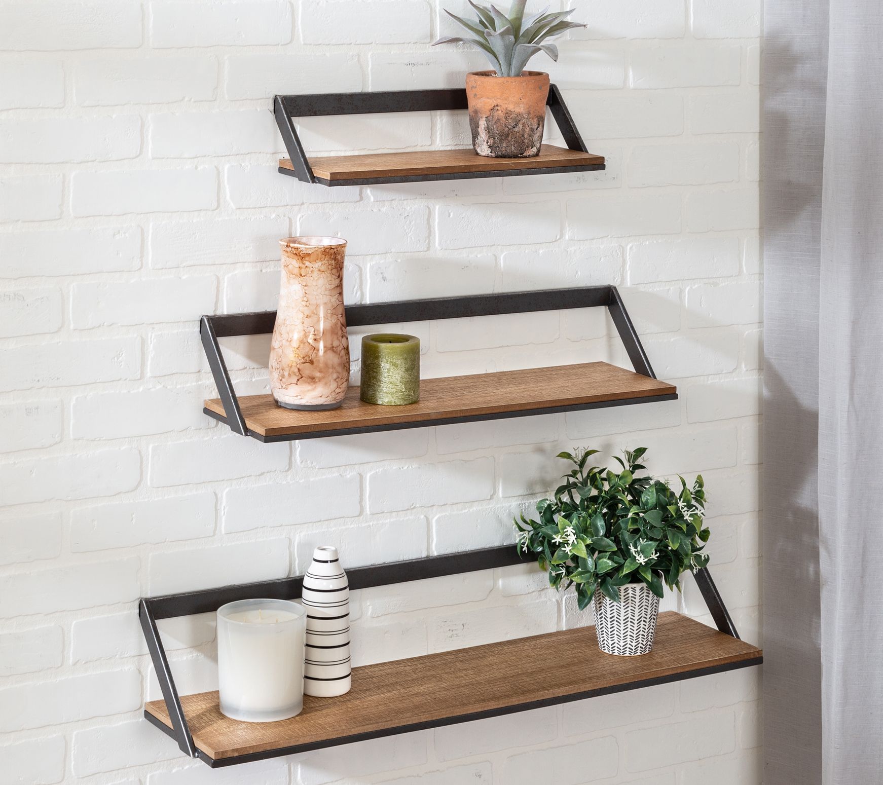 Honey Can Do Set of Two Floating Decorative Metal and Wood Wall Shelves