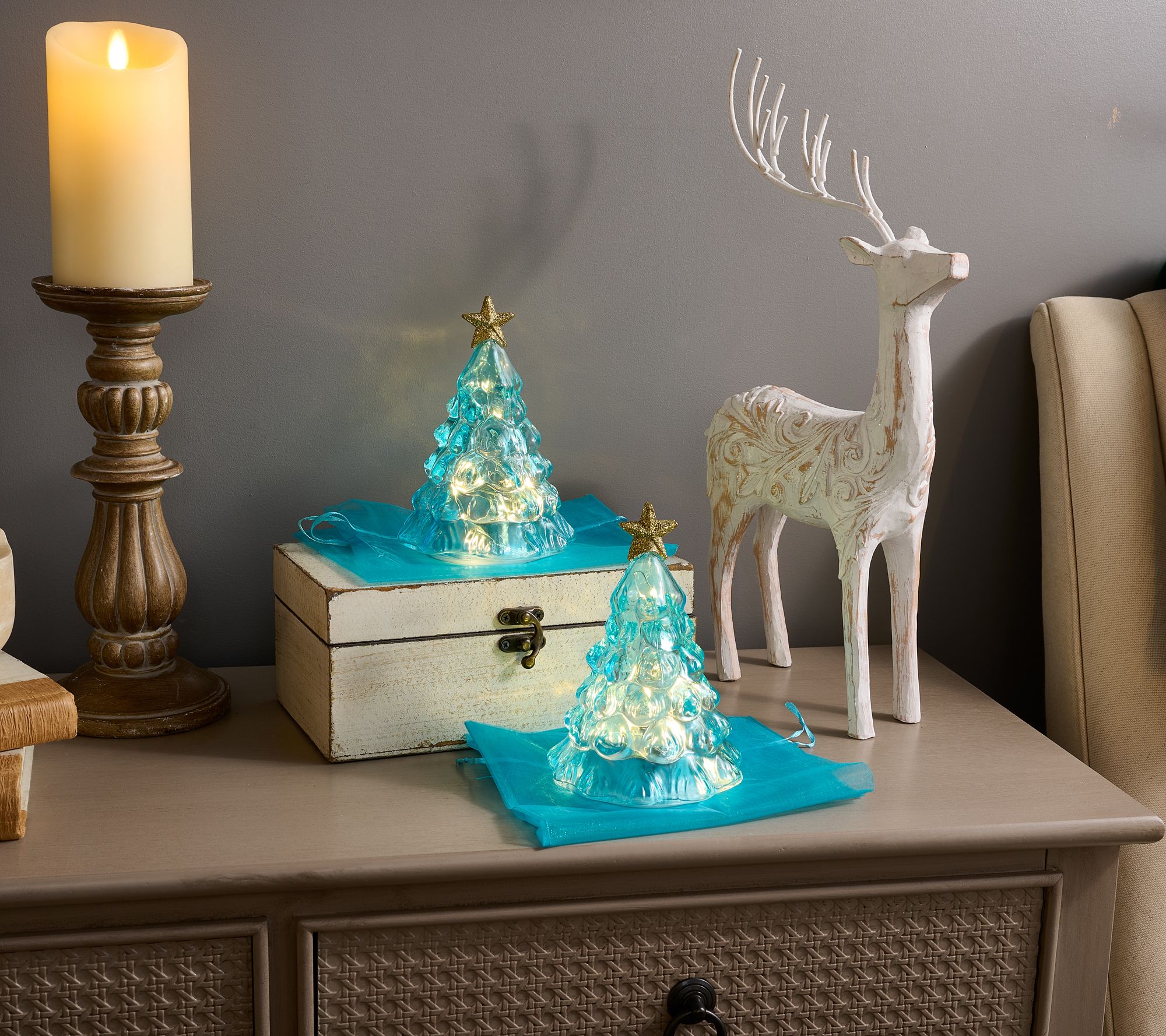 Mr. Christmas (2) 6" Twinkling Glass Nostalgic Trees with Gift Bags