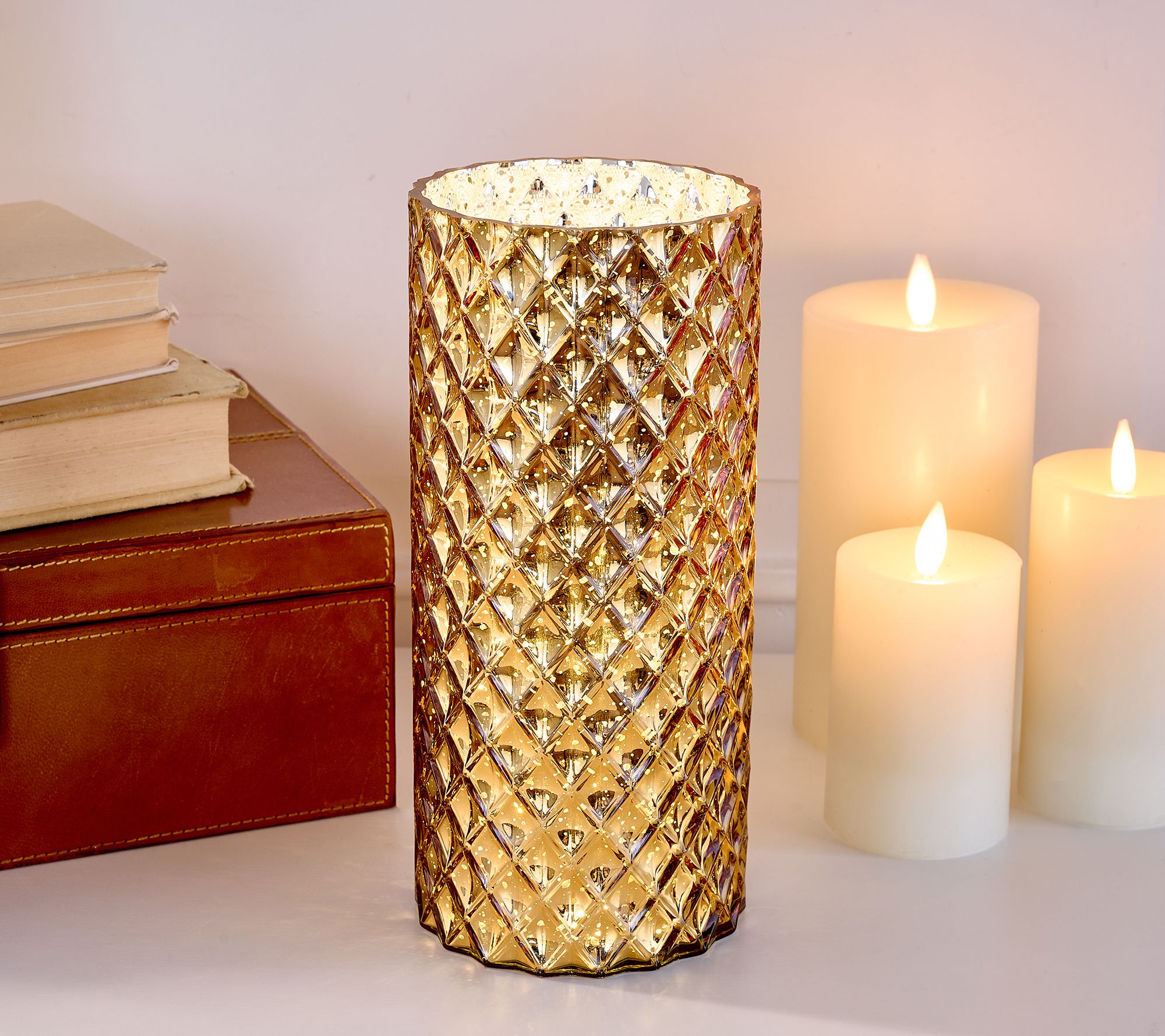 11" Illuminated Diamond Glass Hurricane by Valerie