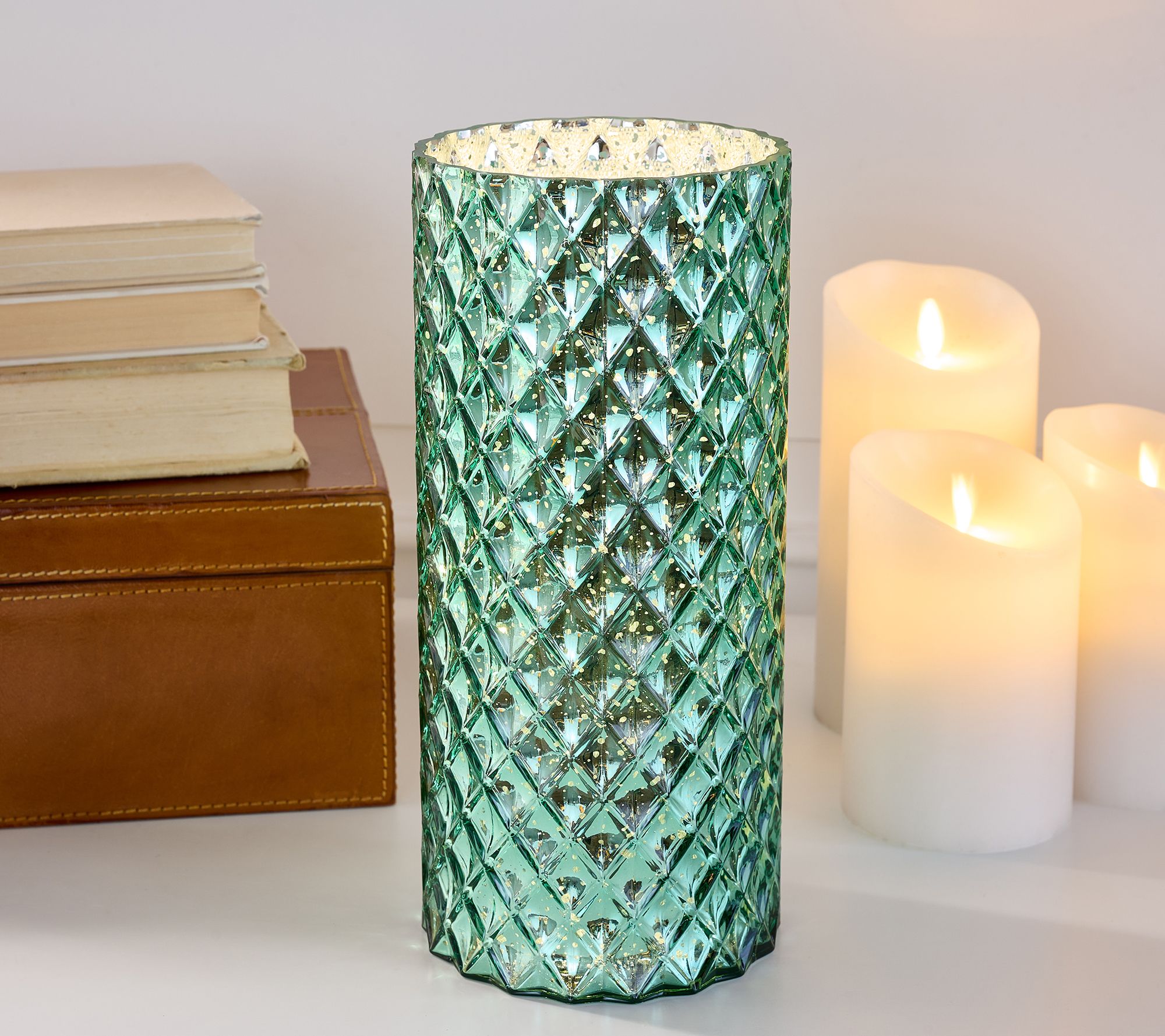 ShWk 7/28 11" Illuminated Diamond Glass Hurricane by Valerie