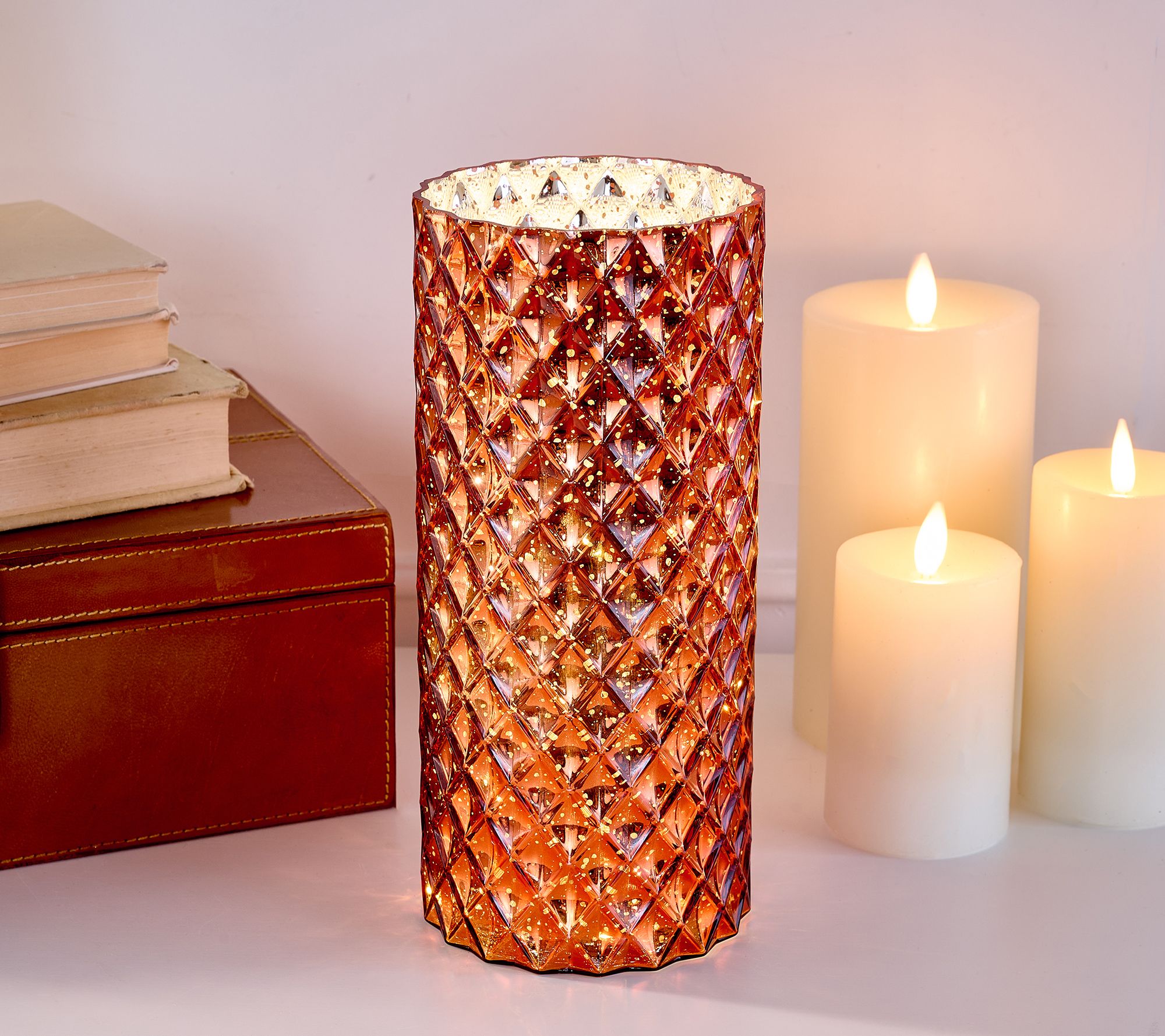 ShWk 7/28 11" Illuminated Diamond Glass Hurricane by Valerie