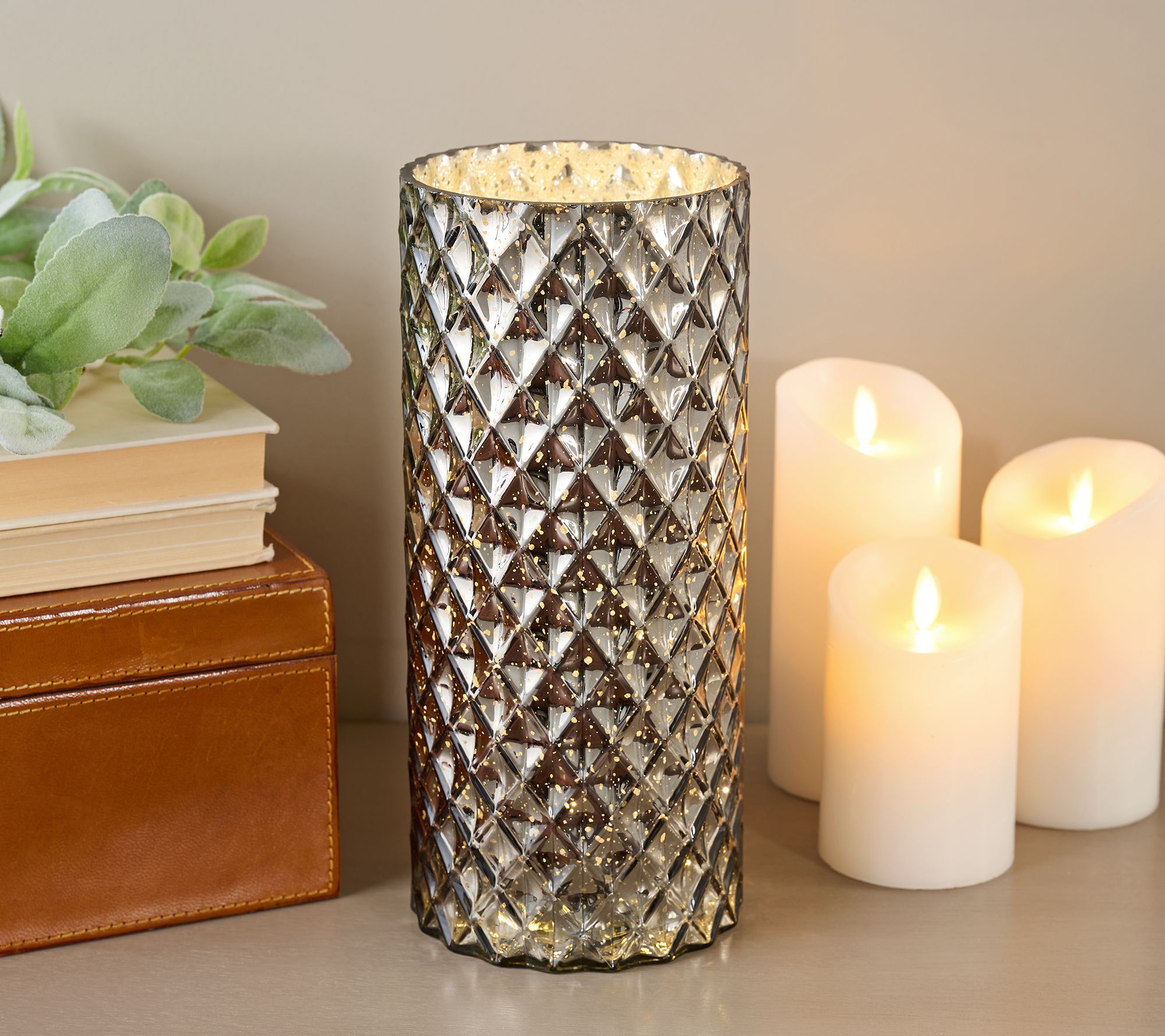 11" Illuminated Diamond Glass Hurricane by Valerie
