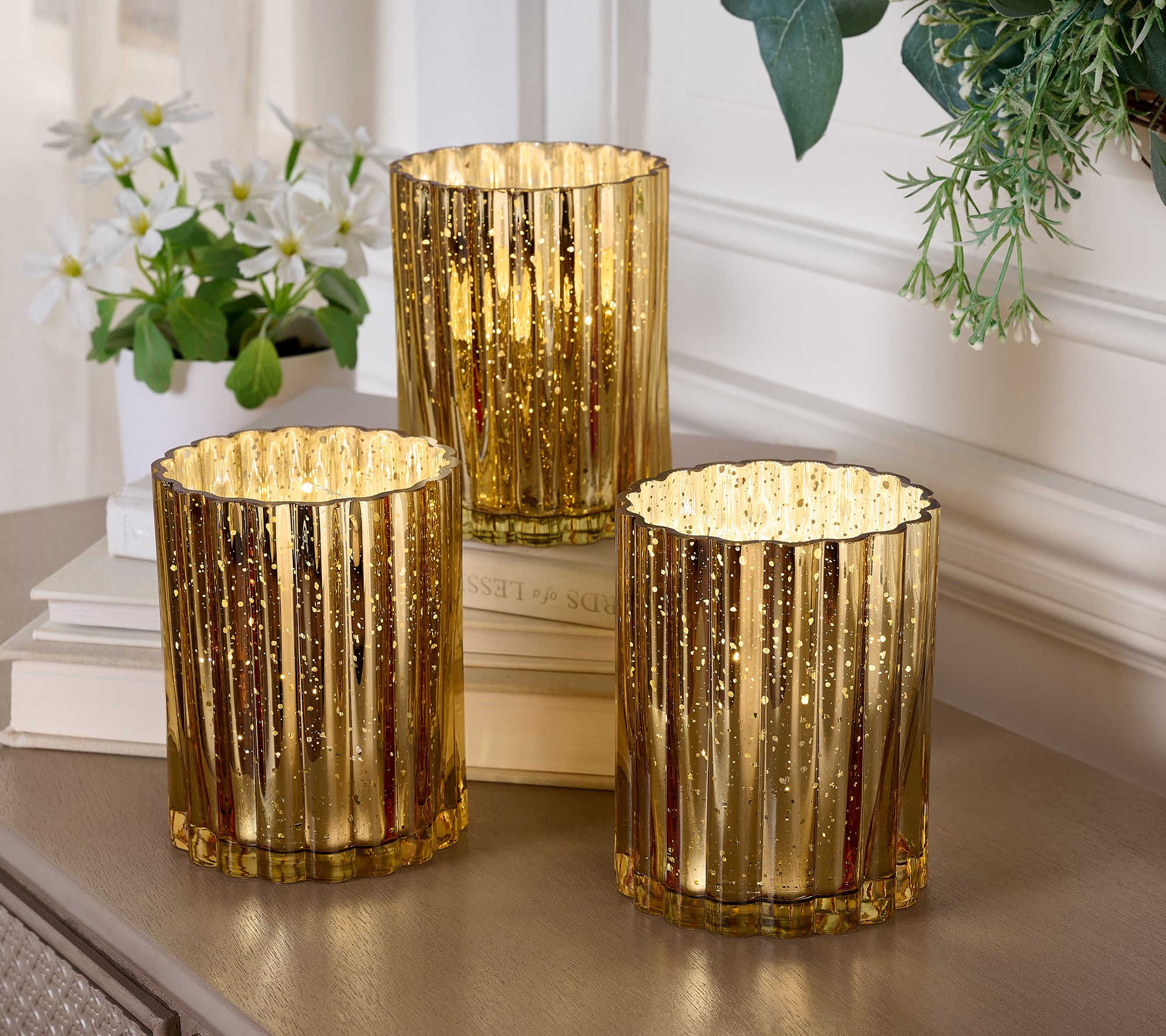 "As Is" Set of 3 Lit Fluted Mini Glass Hurricanes by Valerie