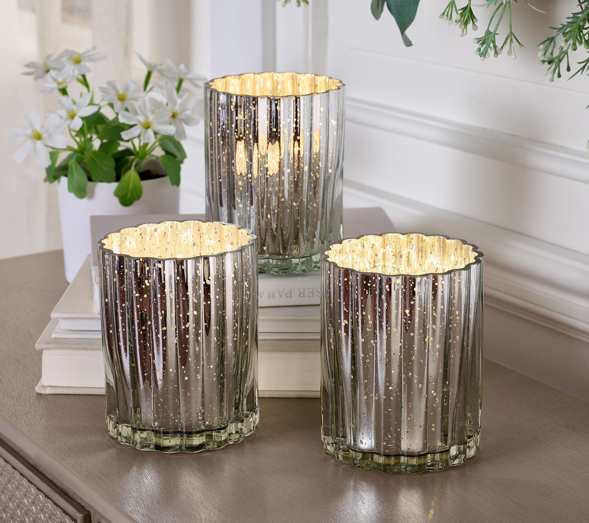 "As Is" Set of 3 Lit Fluted Mini Glass Hurricanes by Valerie