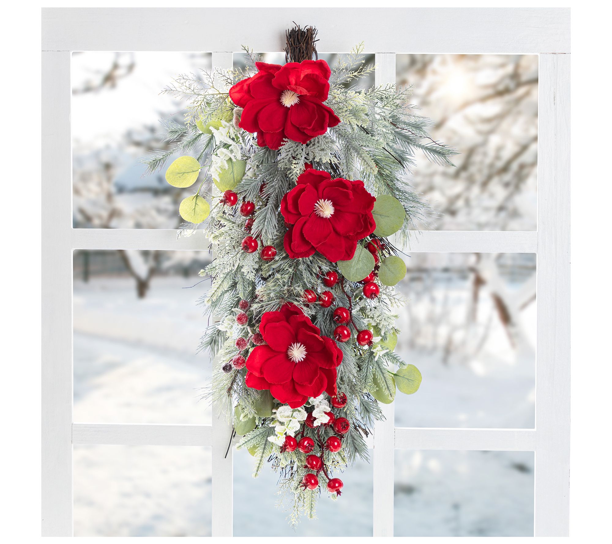 Glitzhome 28"H Christmas Red  Mangnolia & BerryTeardrop