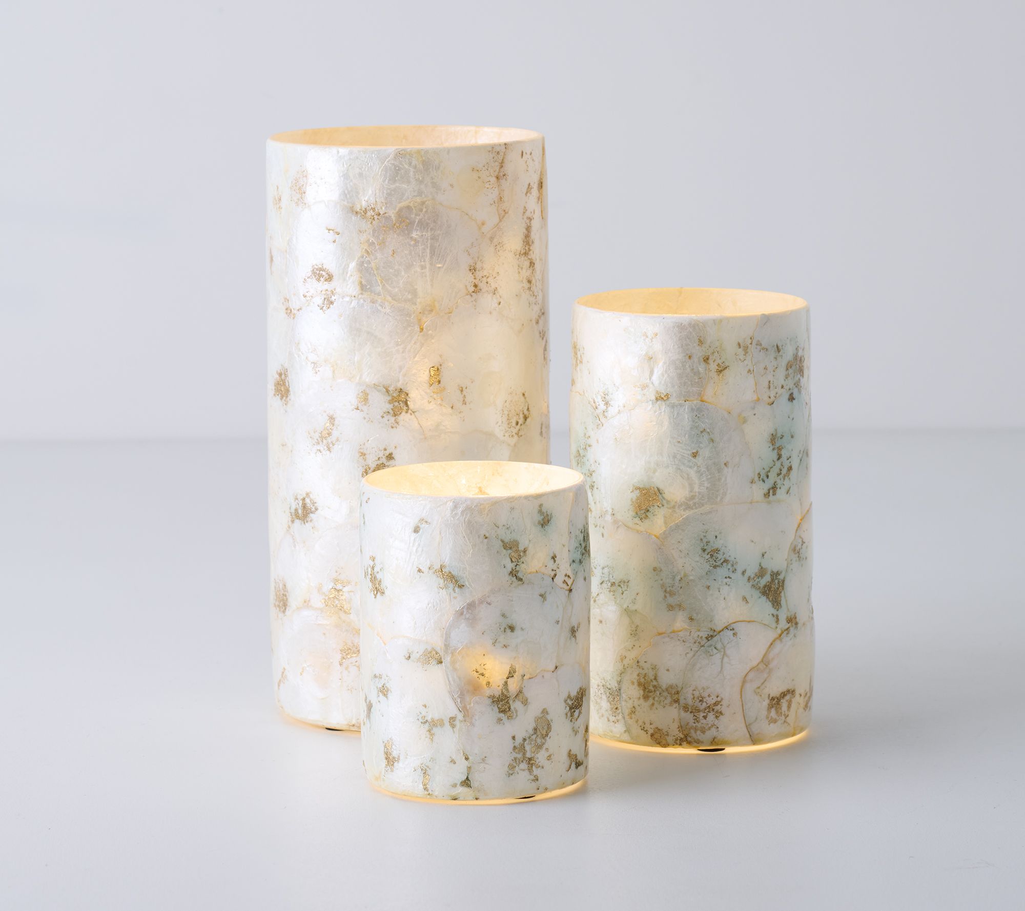 Set of 3 Illuminated Capiz Hurricanes by Mally Roncal