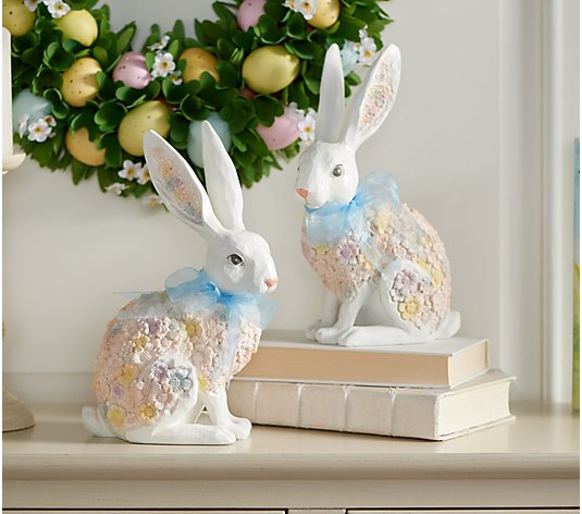 Set of (2) 11" Floral Bunnies with Ribbon Accent by Valerie