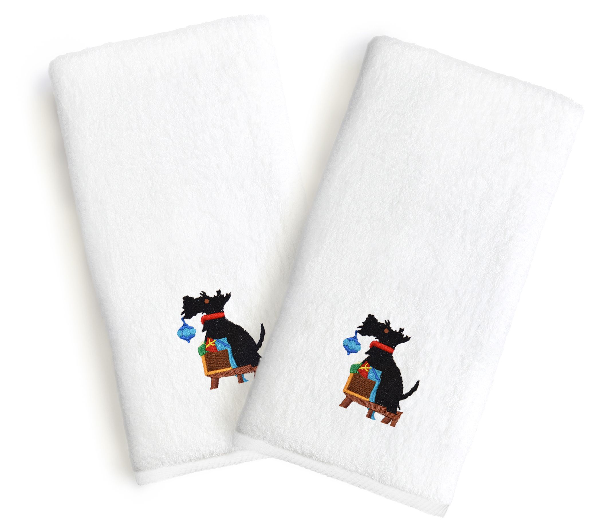 Linum Home Embroidered Luxury Hand Towels Christmas Dog S/2