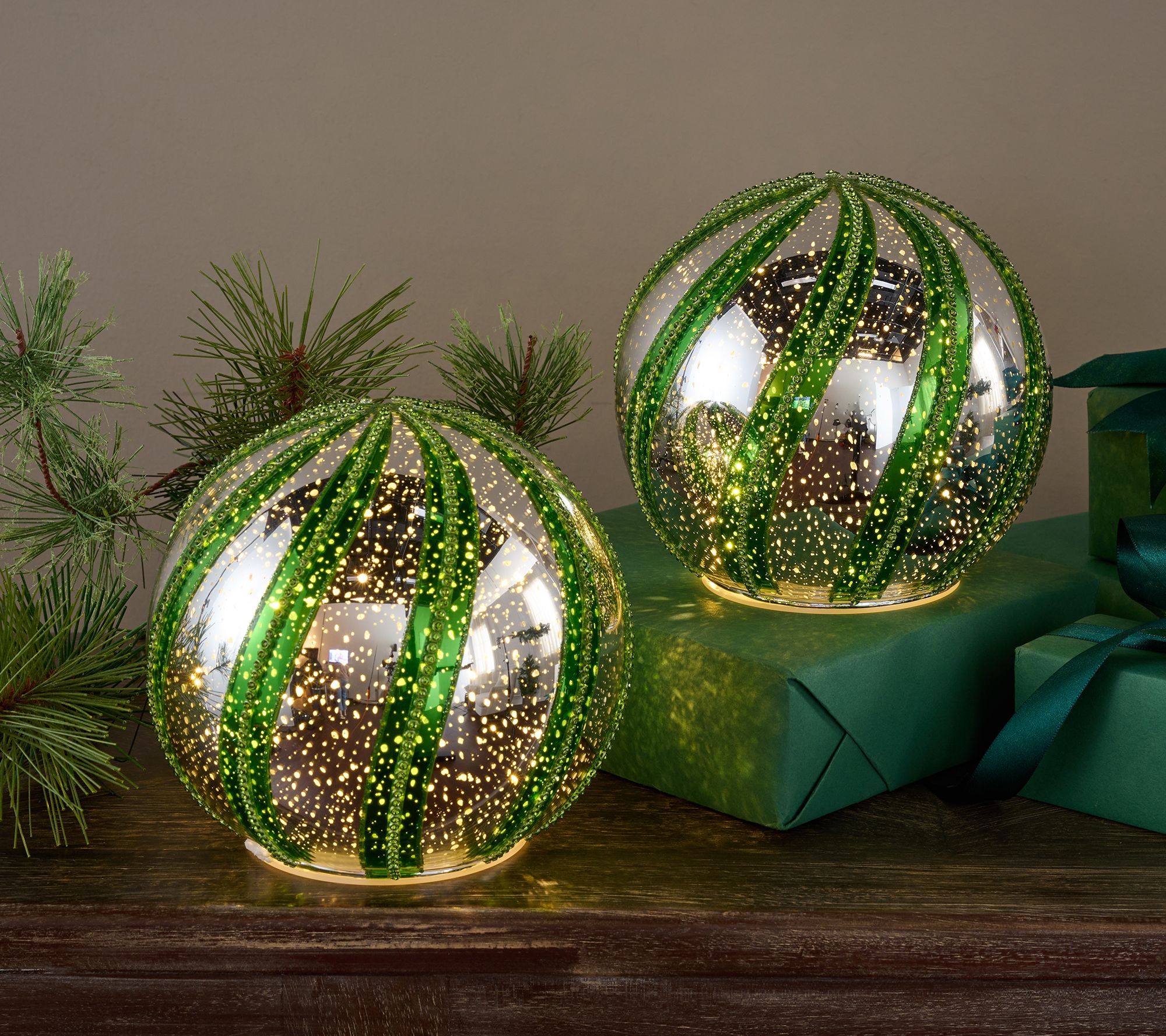 "As Is" Set 2 6" Illuminated Jeweled Swirl Spheres by Valerie