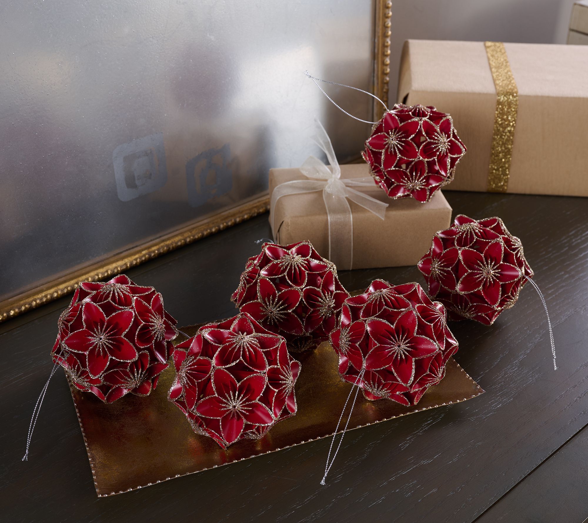  Home Reflections S/6 Gold Trimmed Poinsettia Ornaments