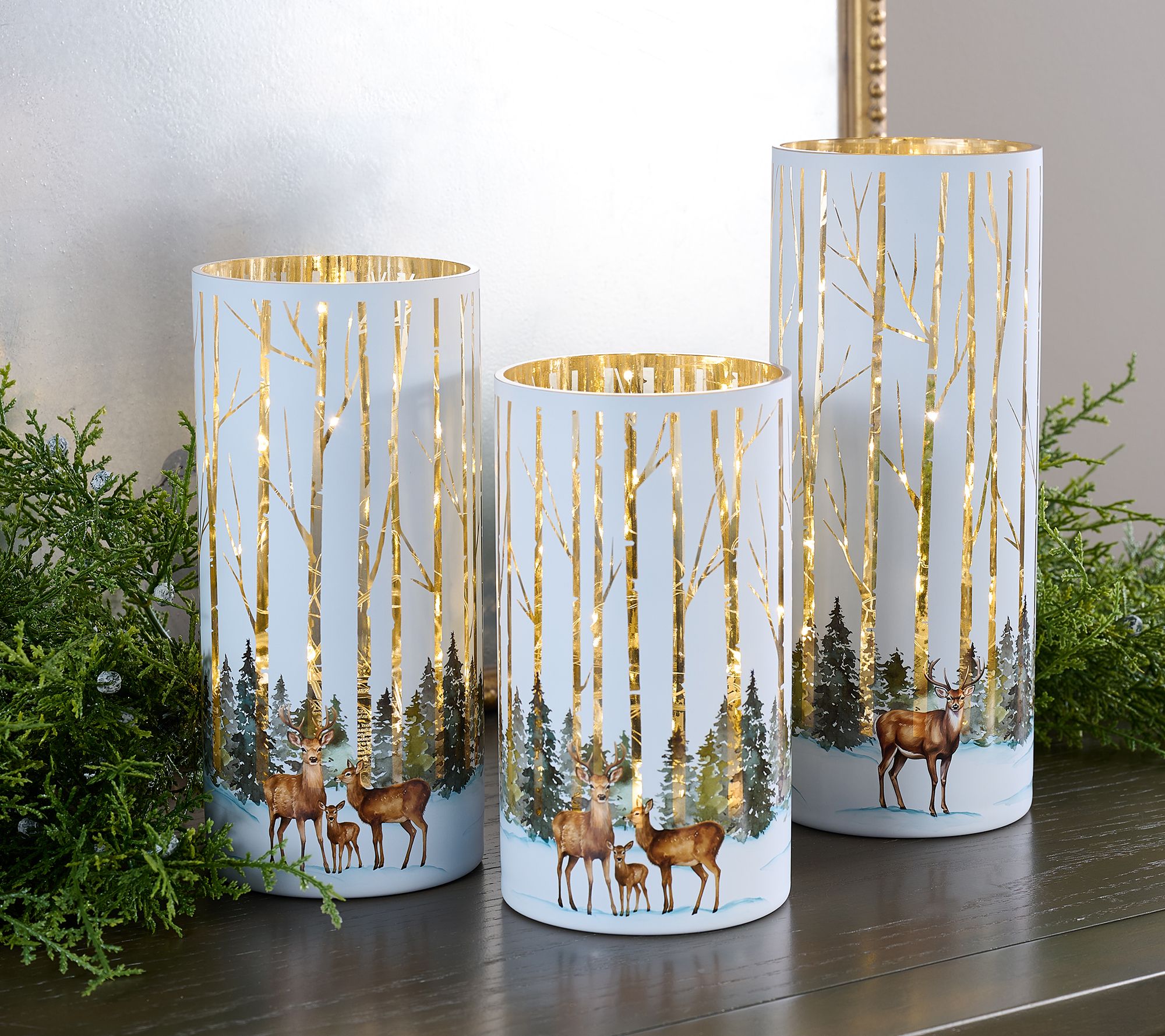 "As Is" Set of 3 Illuminated Woodland Glass Hurricanes by Valerie