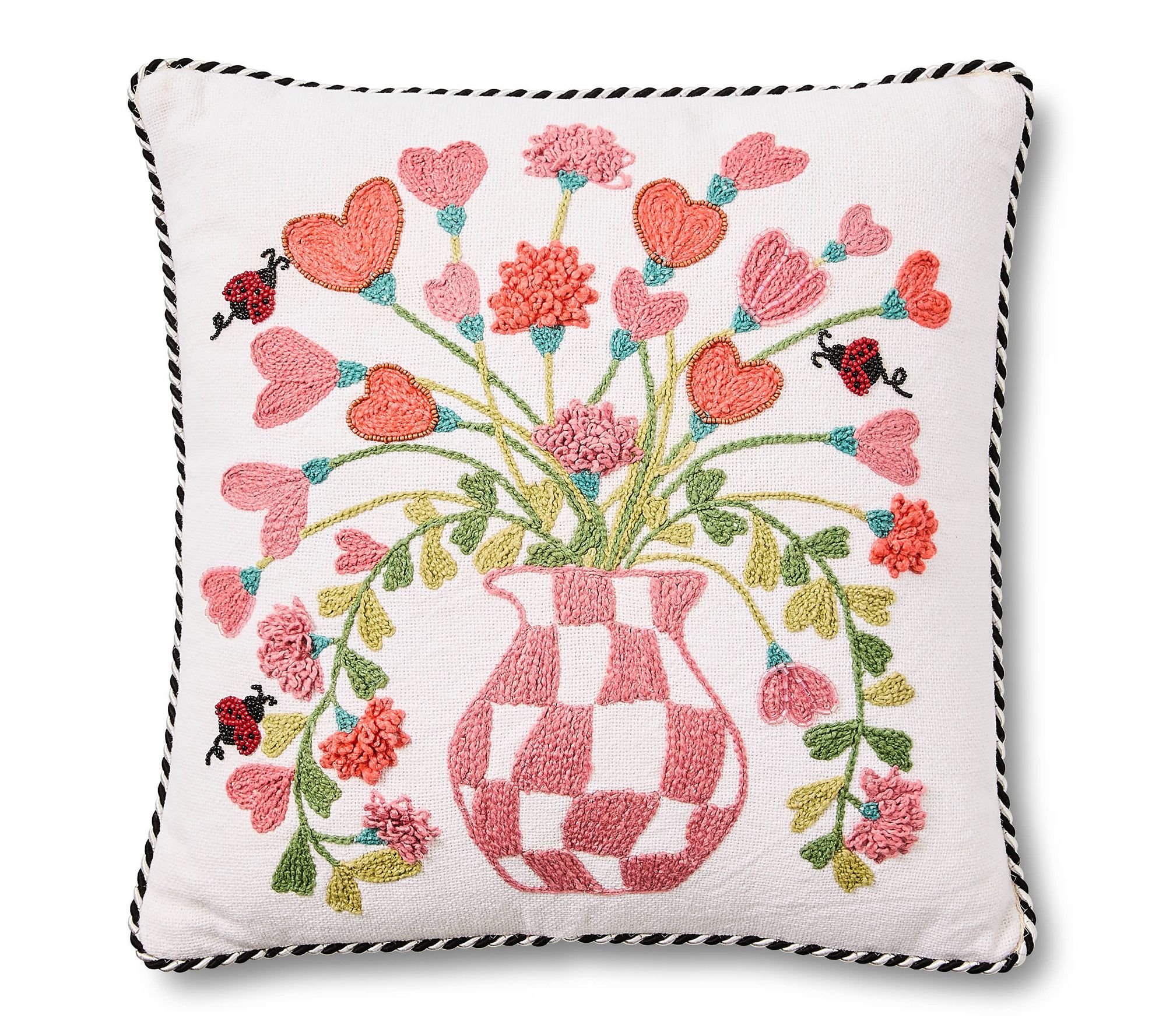 MacKenzie-Childs Pink Check Hearts Bouquet Throw Pillow