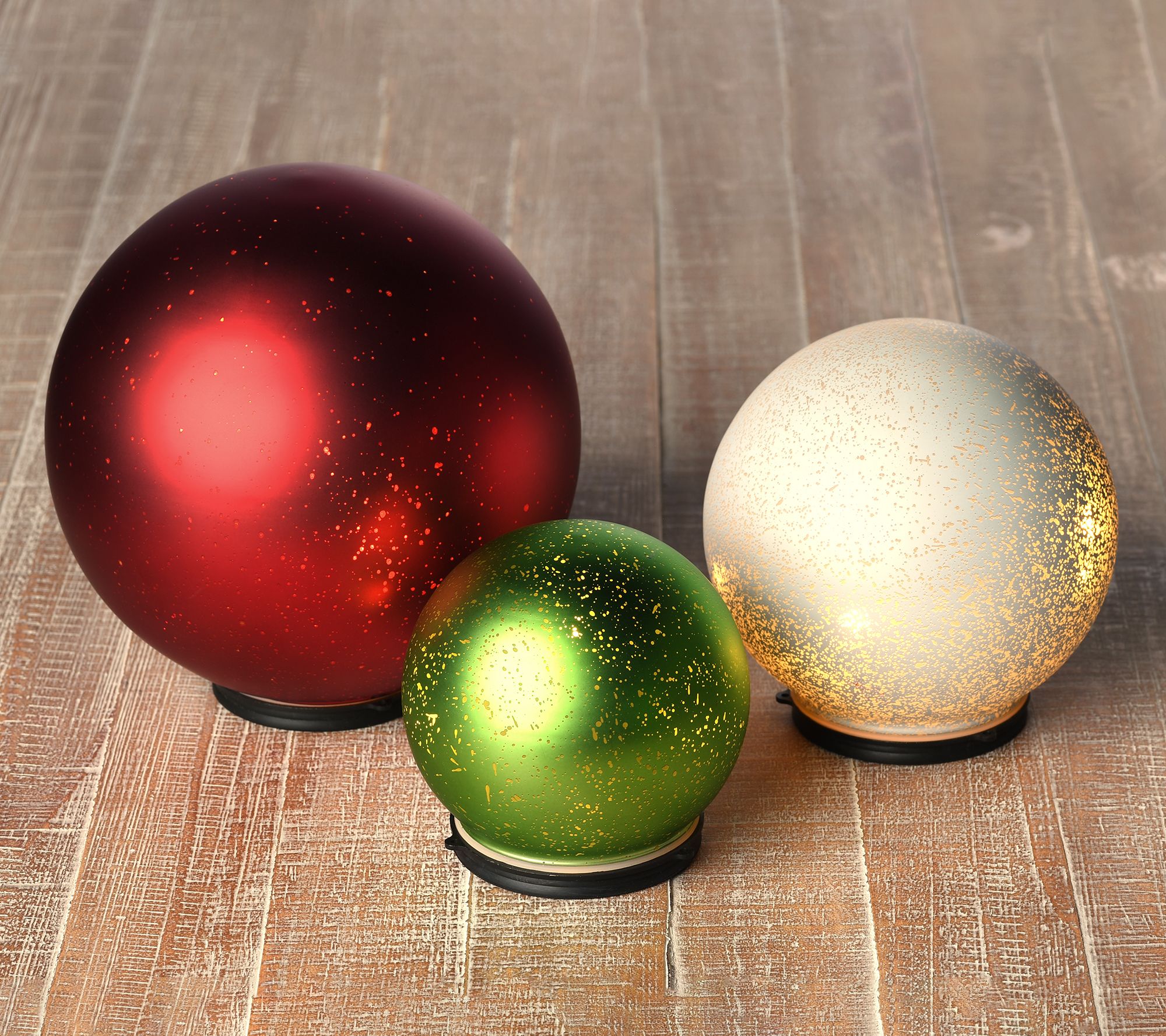 Set of 3 Lit Indoor Outdoor Mercury Glass Spheres w/Timer by Valerie