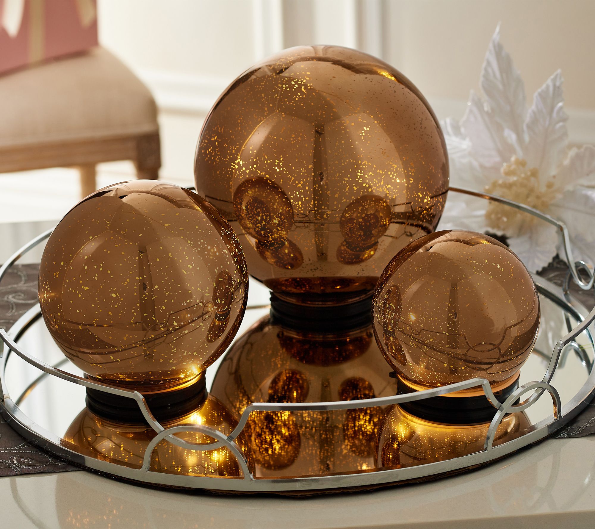 Set of 3 Lit Indoor Outdoor Mercury Glass Spheres w/Timer by Valerie