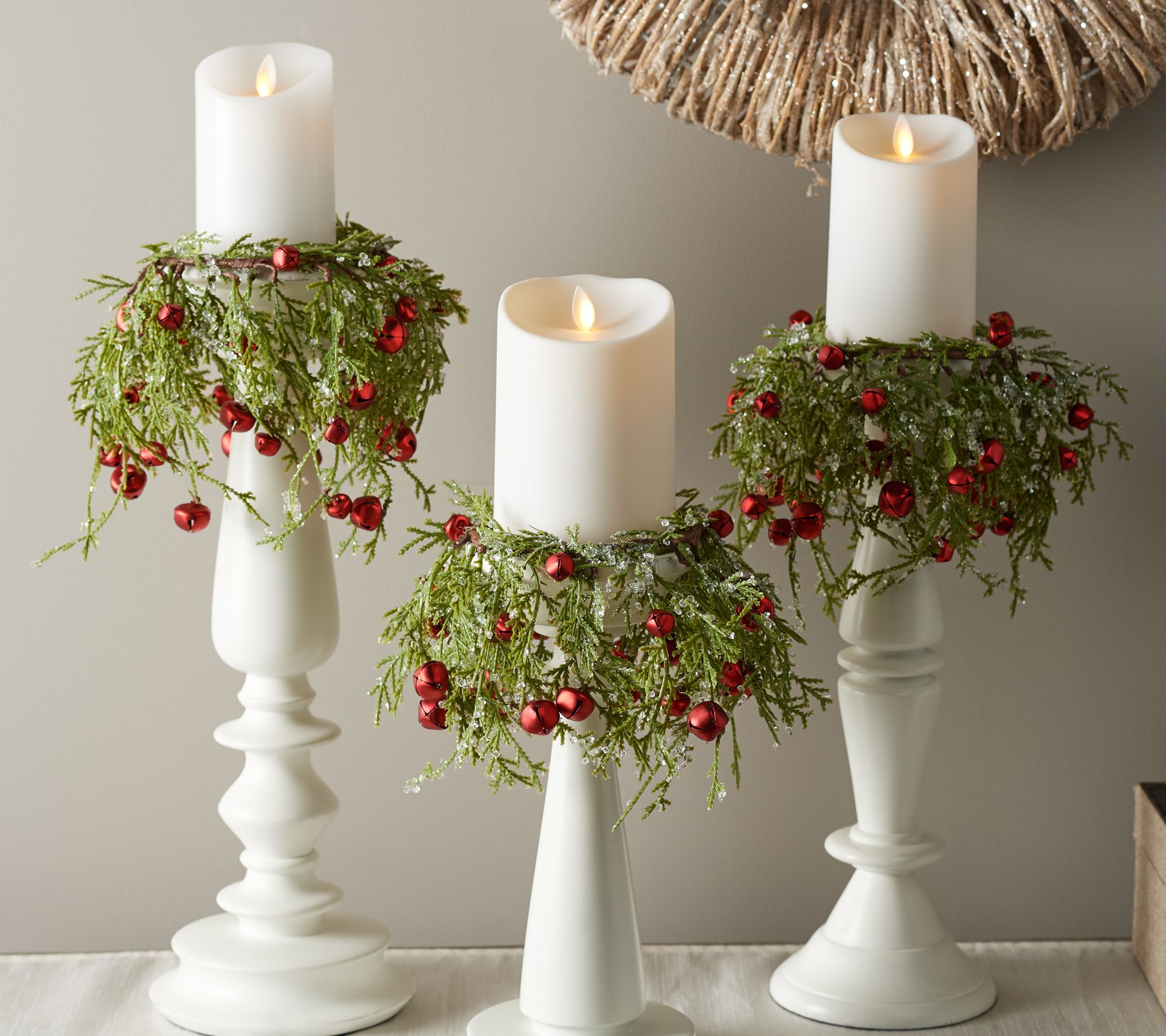 S/3 Cascading Greenery and Jingle Bell Candle Rings by Valerie - QVC.com