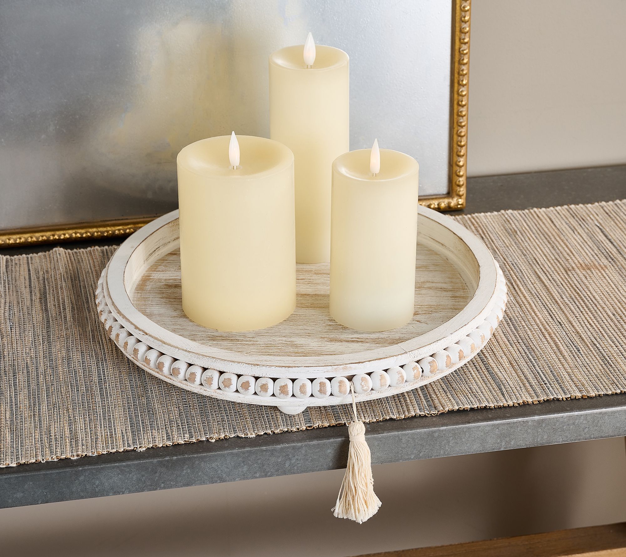 Round Wood Tray with Beaded Detail and Tassel by Valerie