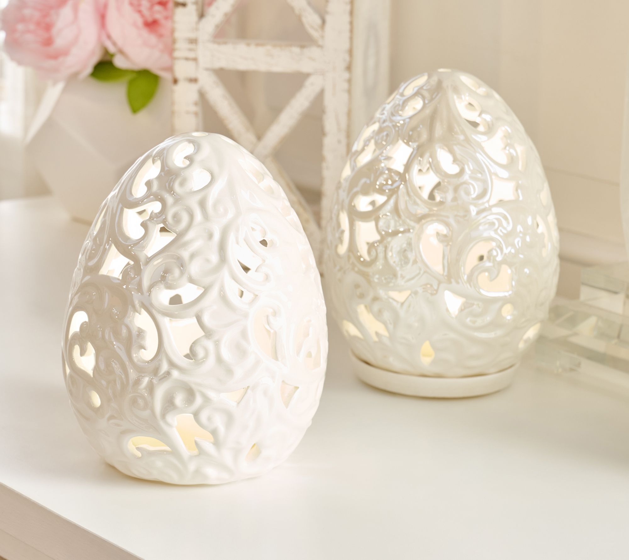 Set of 2 6.5" Lit Pearlized Ceramic Eggs by Valerie