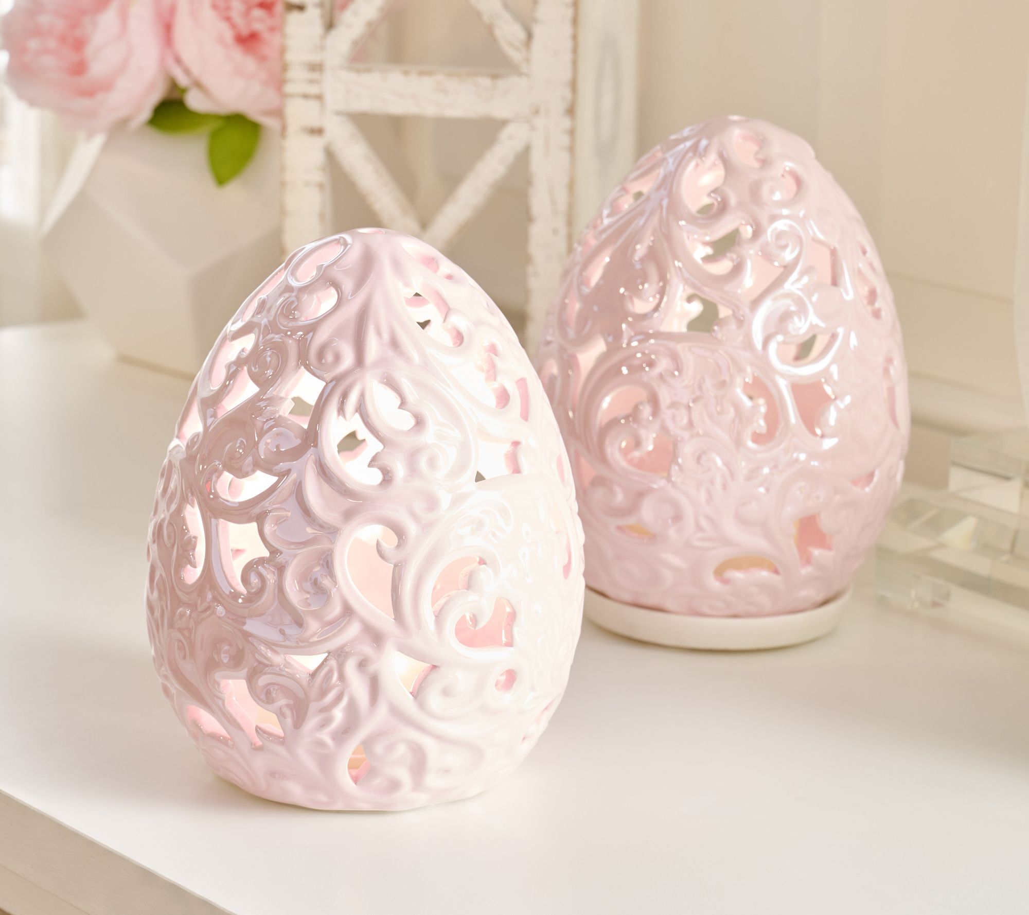Set of 2 6.5" Lit Pearlized Ceramic Eggs by Valerie