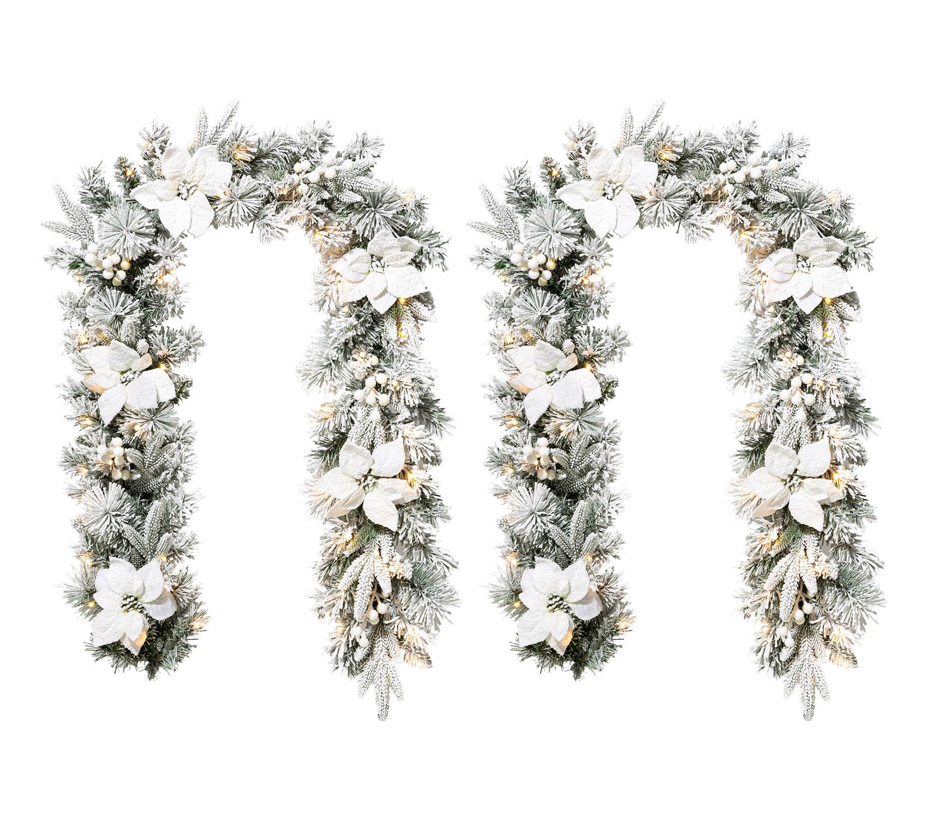 Glitzhome 6' Pre-Lit Snowy Poinsettia ChristmasGarlands S/2