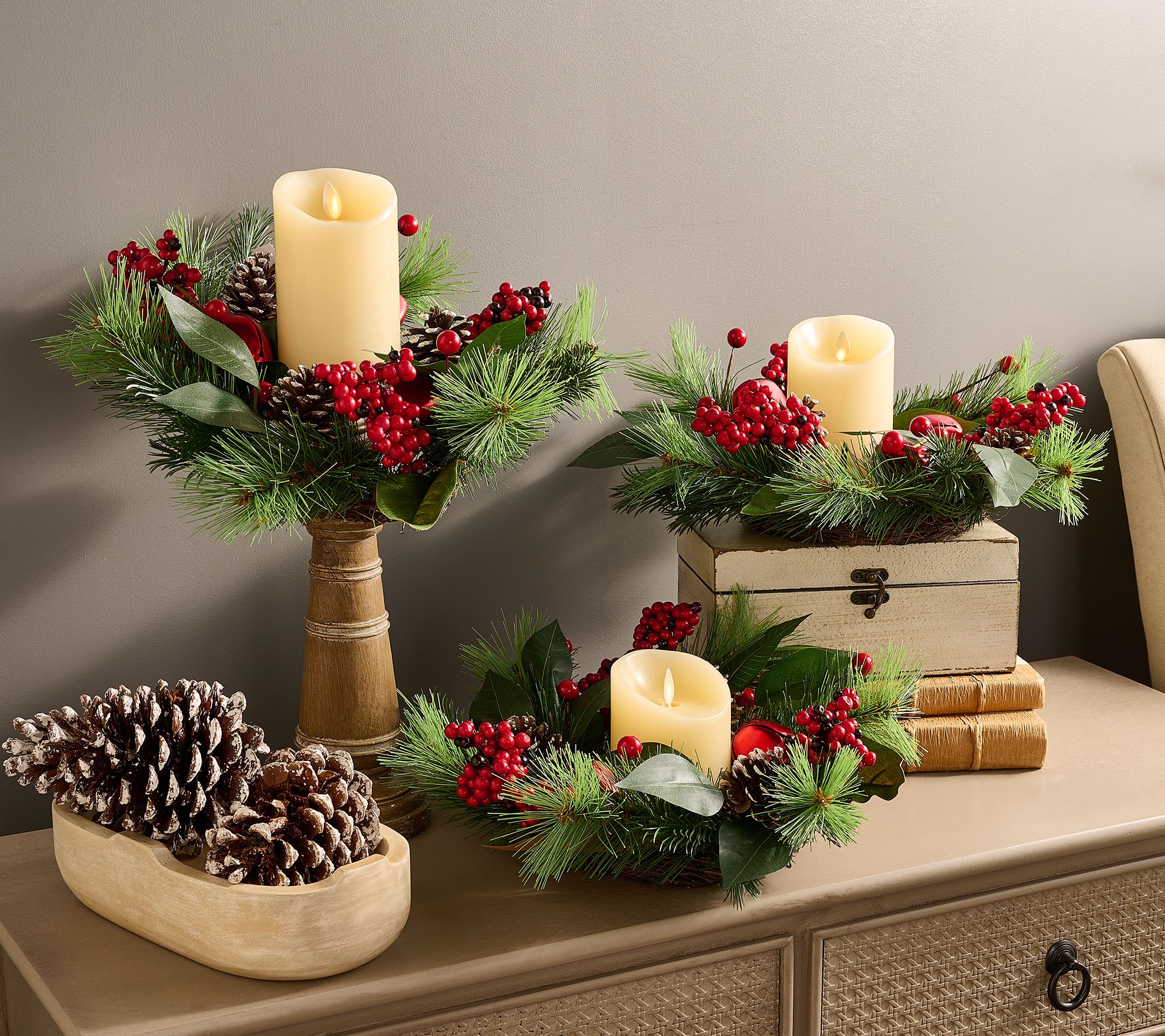 "As Is" Set of 3 Berry, Pinecone and Greenery Candle Rings - Valerie