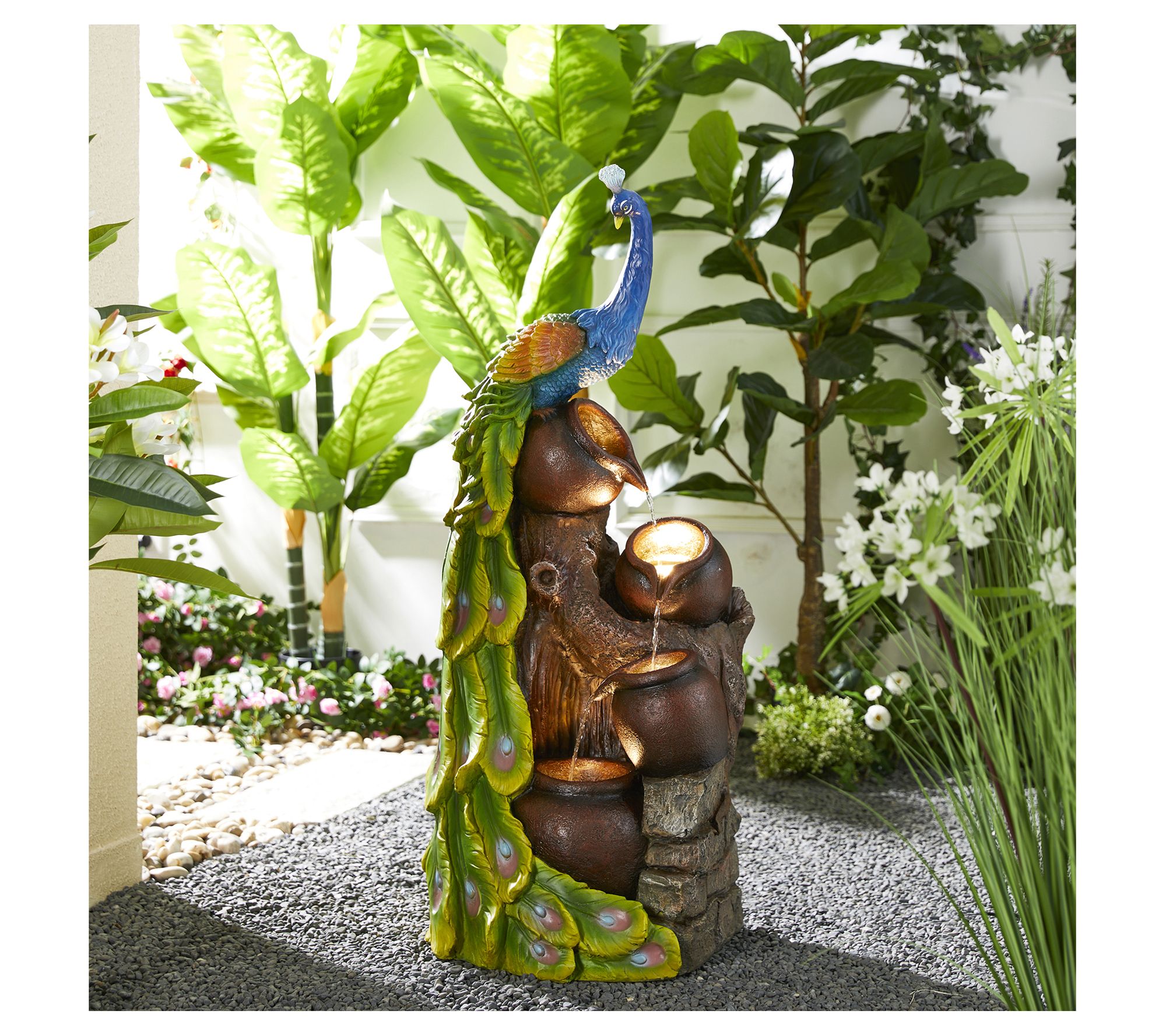 Glitzhome 40"H LED Lit 4-Tiered Peacock OutdoorFountain