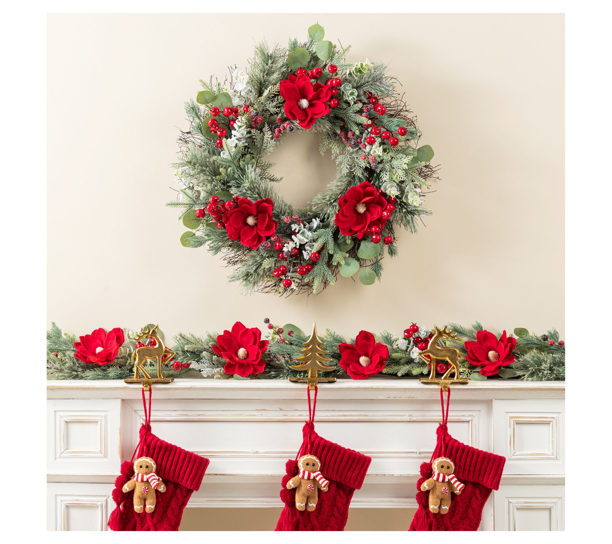 Glitzhome 24"D Christmas Red Mangnolia & BerryWreath
