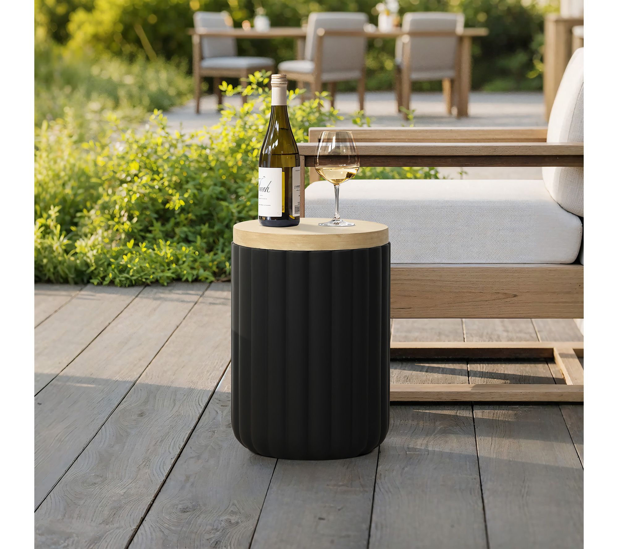 LuxenHome Black Fluted Round Patio Side Table with Ice Bucket